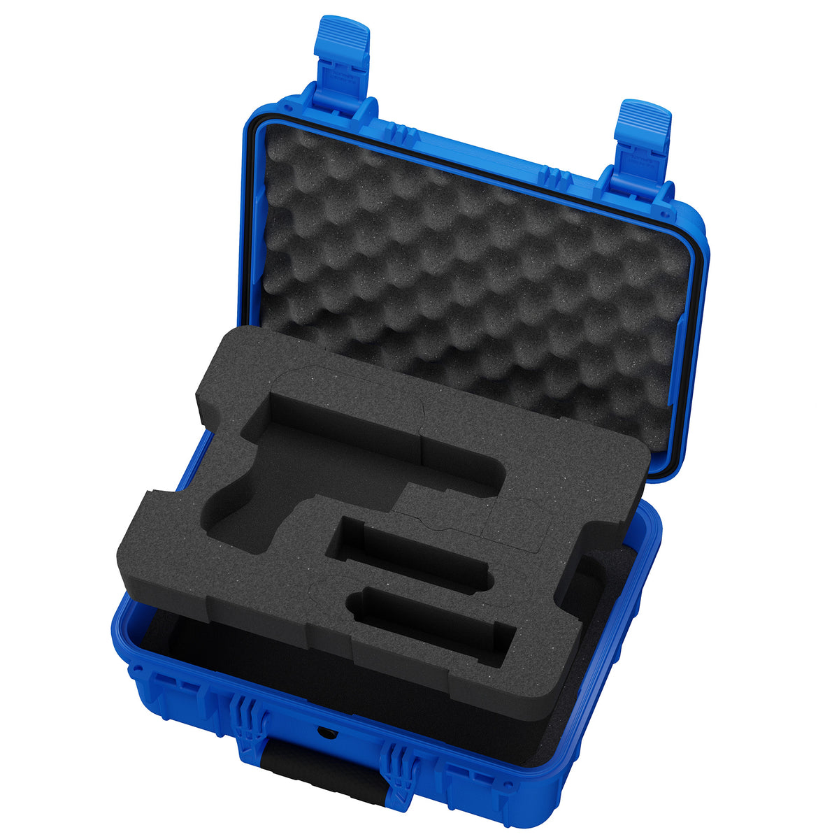 Blue pistol case open at an angle, showing pistol-shaped foam cutout and bubble foam lid