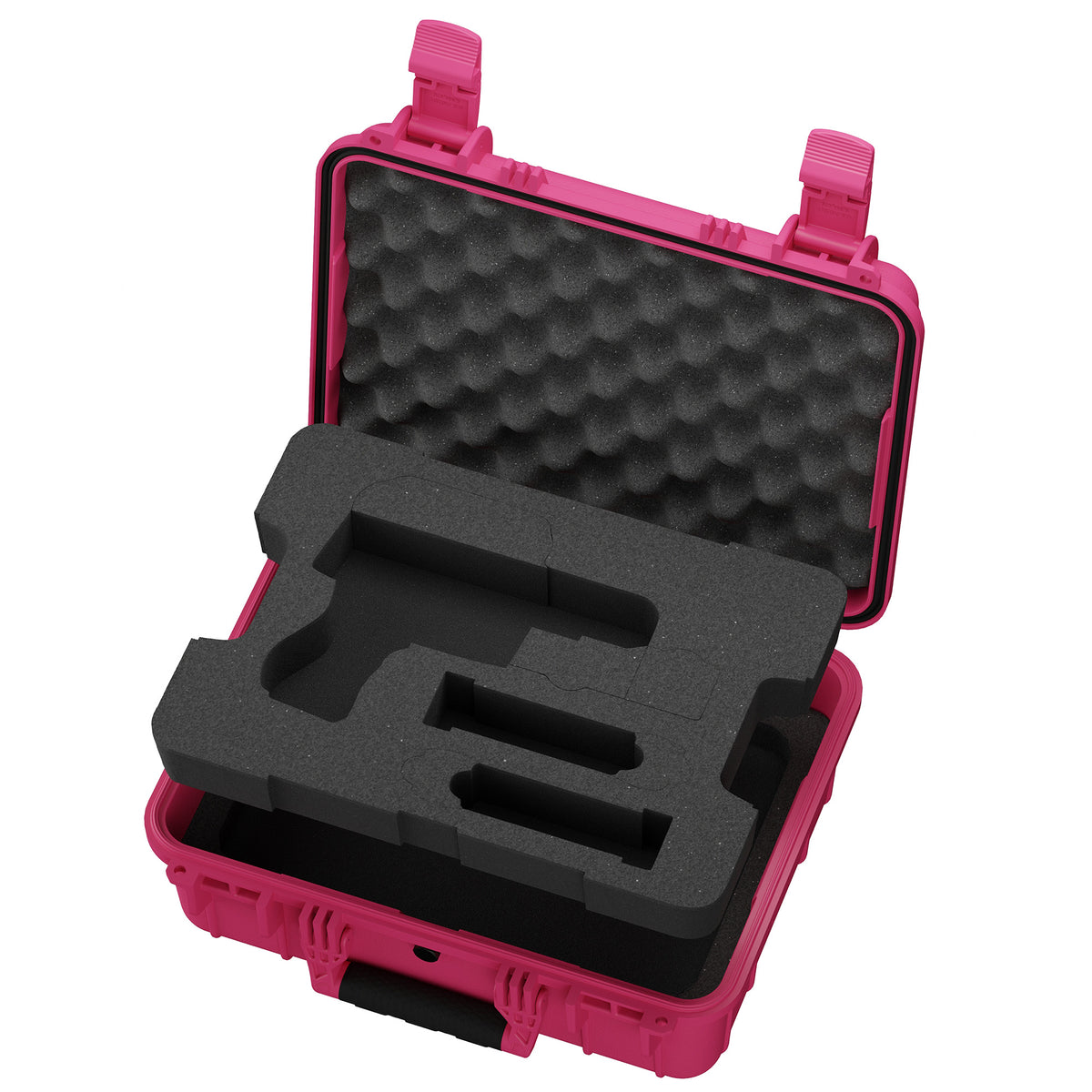 Pink pistol case open at an angle, showing pistol-shaped foam cutout and bubble foam lid