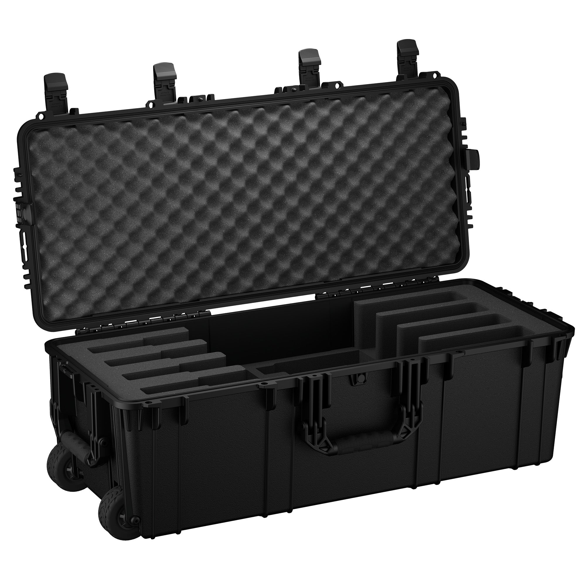 Black hard case open, showing egg-crate foam lid and pre-cut foam dividers with wheels facing front