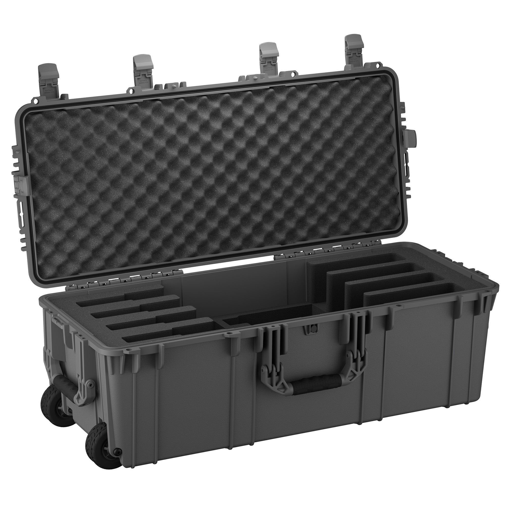Gray hard case open, revealing crisscross foam dividers and egg-crate foam lid