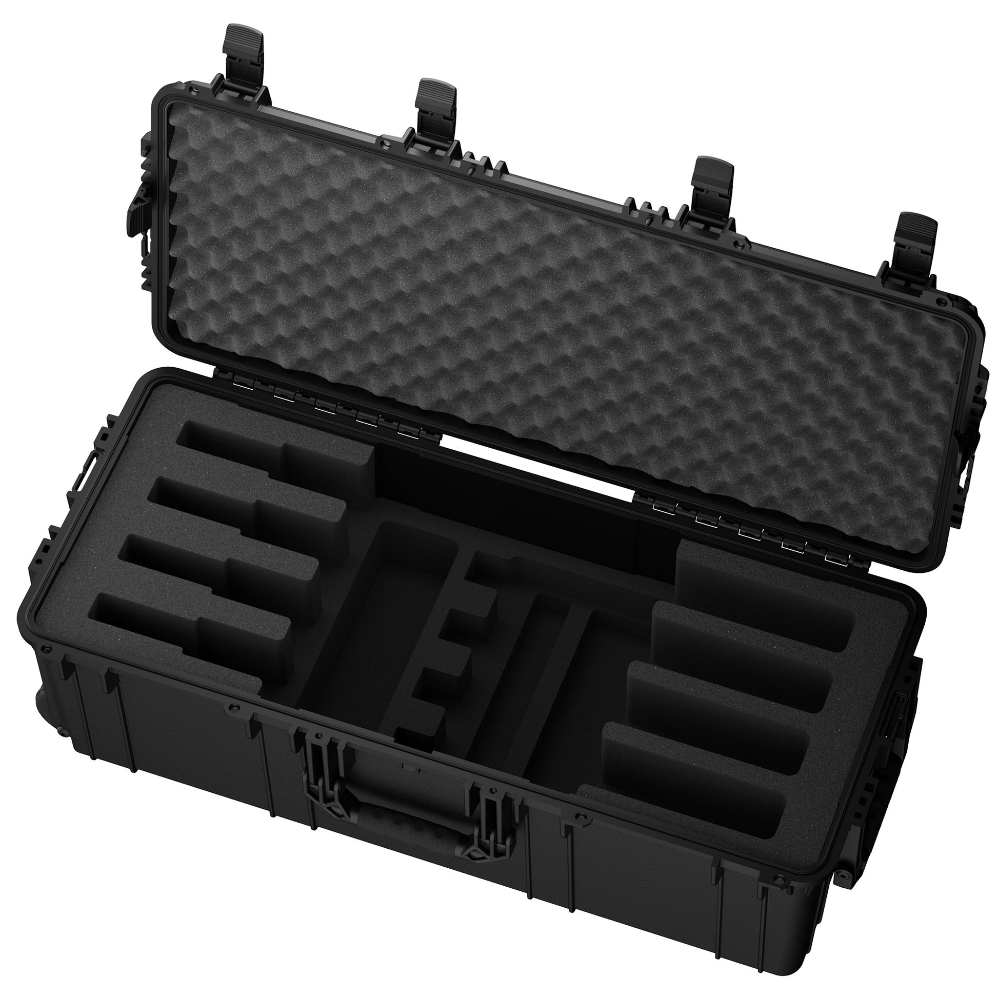 Black hard case open from above, revealing divided foam interior with slots for four items