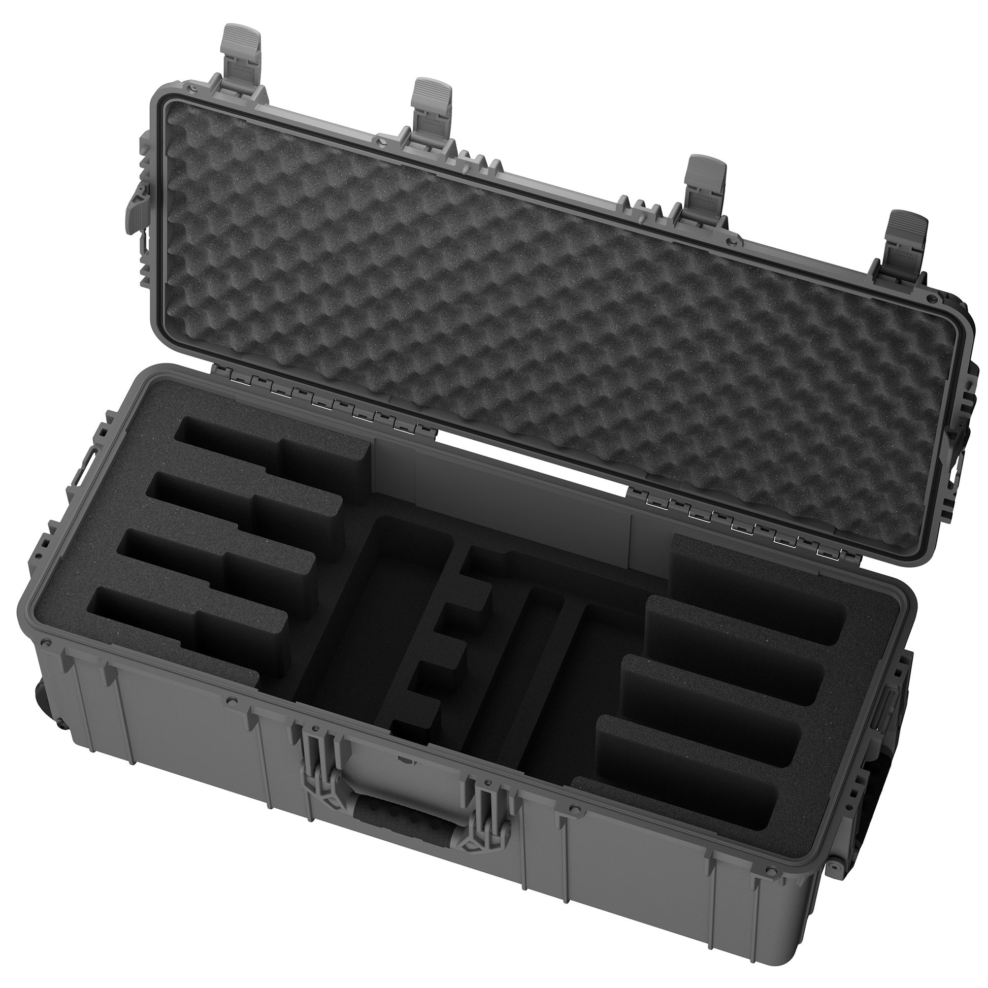 Gray hard case open from above, showing pre-cut foam slots for four items
