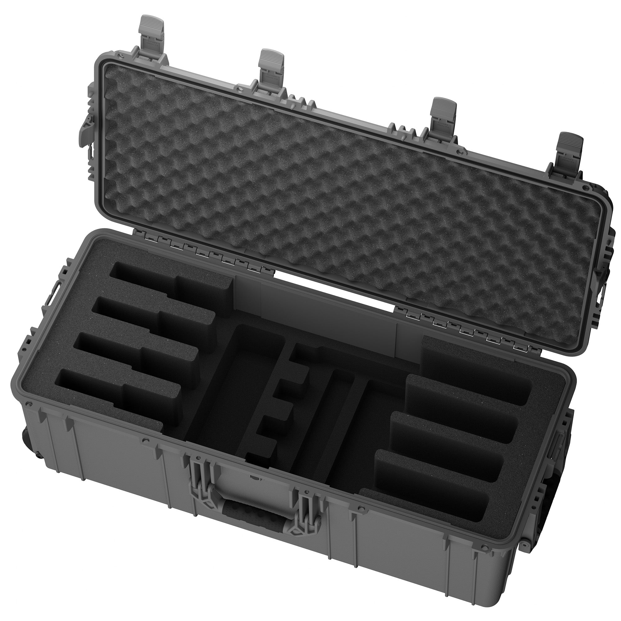 Gray hard case open from above, showing pre-cut foam slots for four items