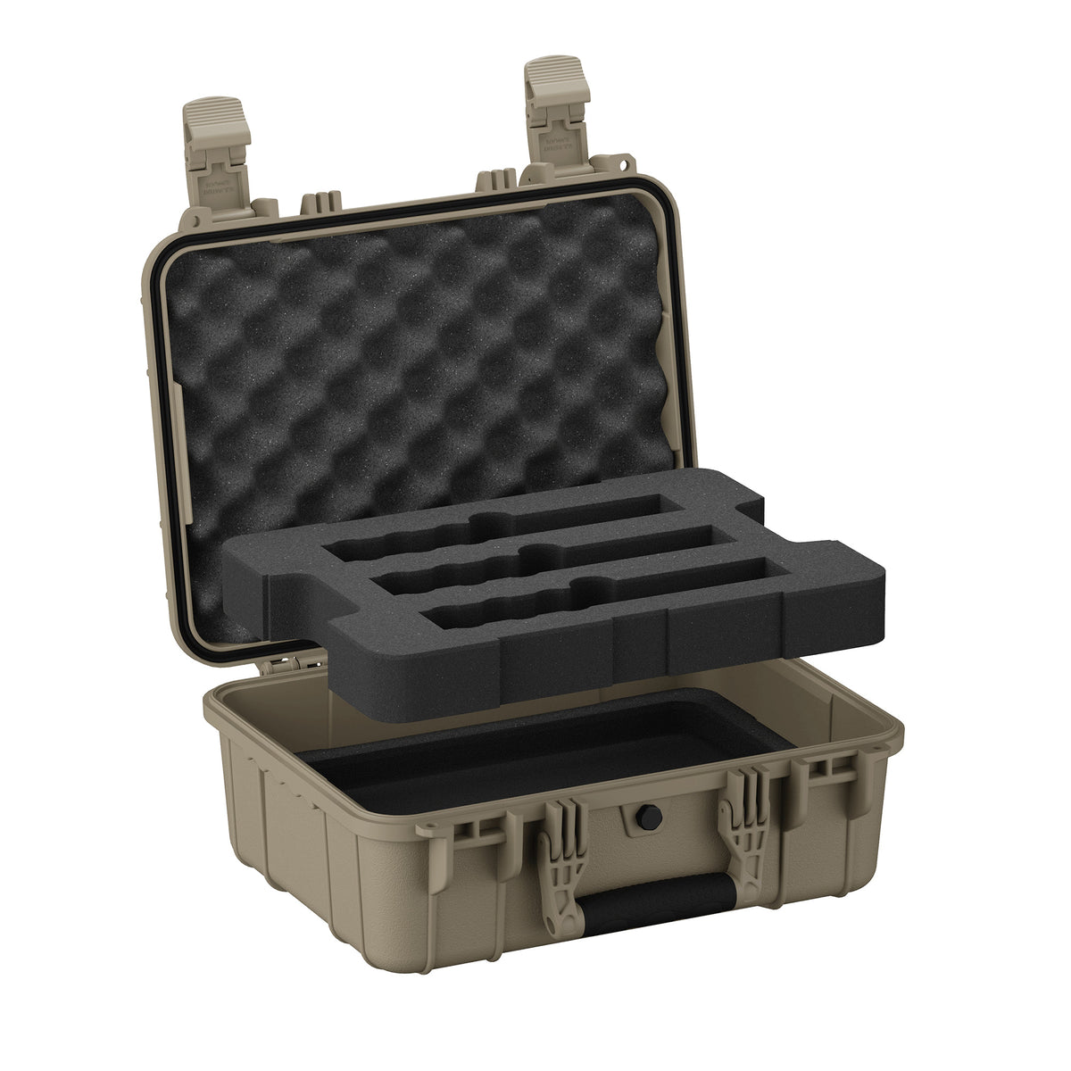 Tan hard case open showing suppressor foam tray lifted above lower storage compartment