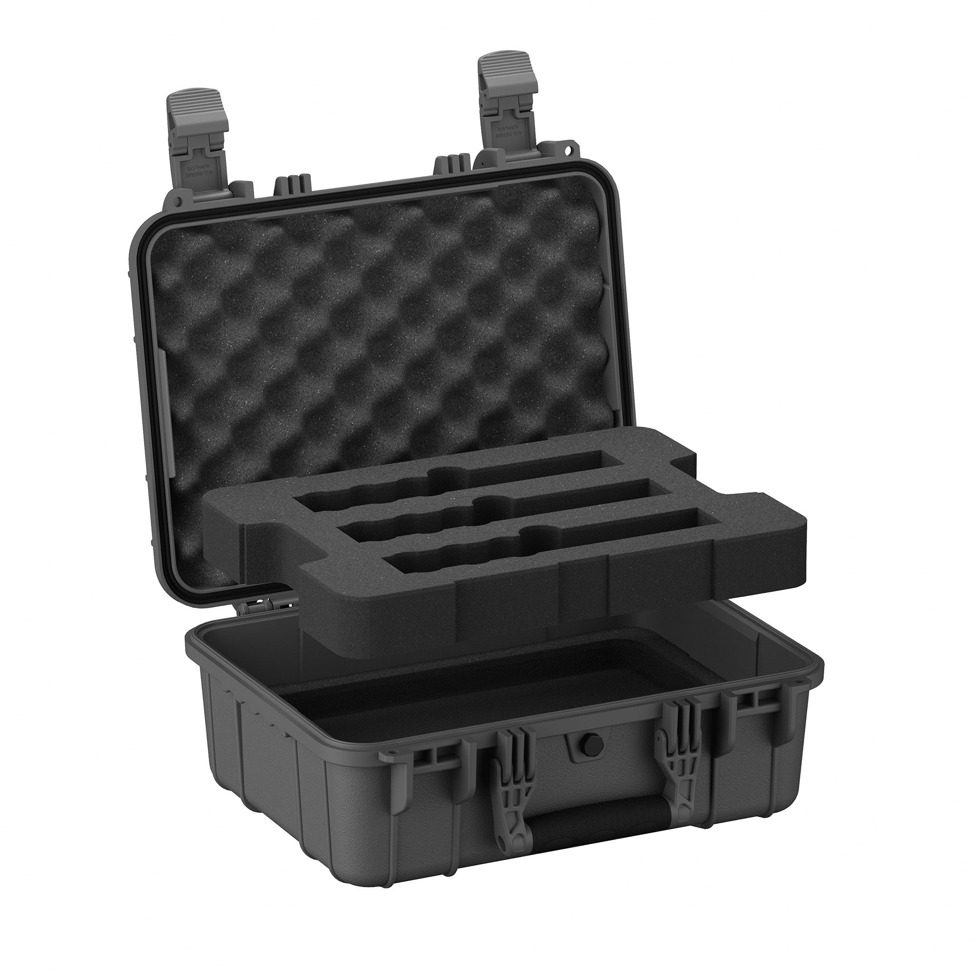 Black hard case open showing three-slot foam insert and egg-crate foam lining the lid