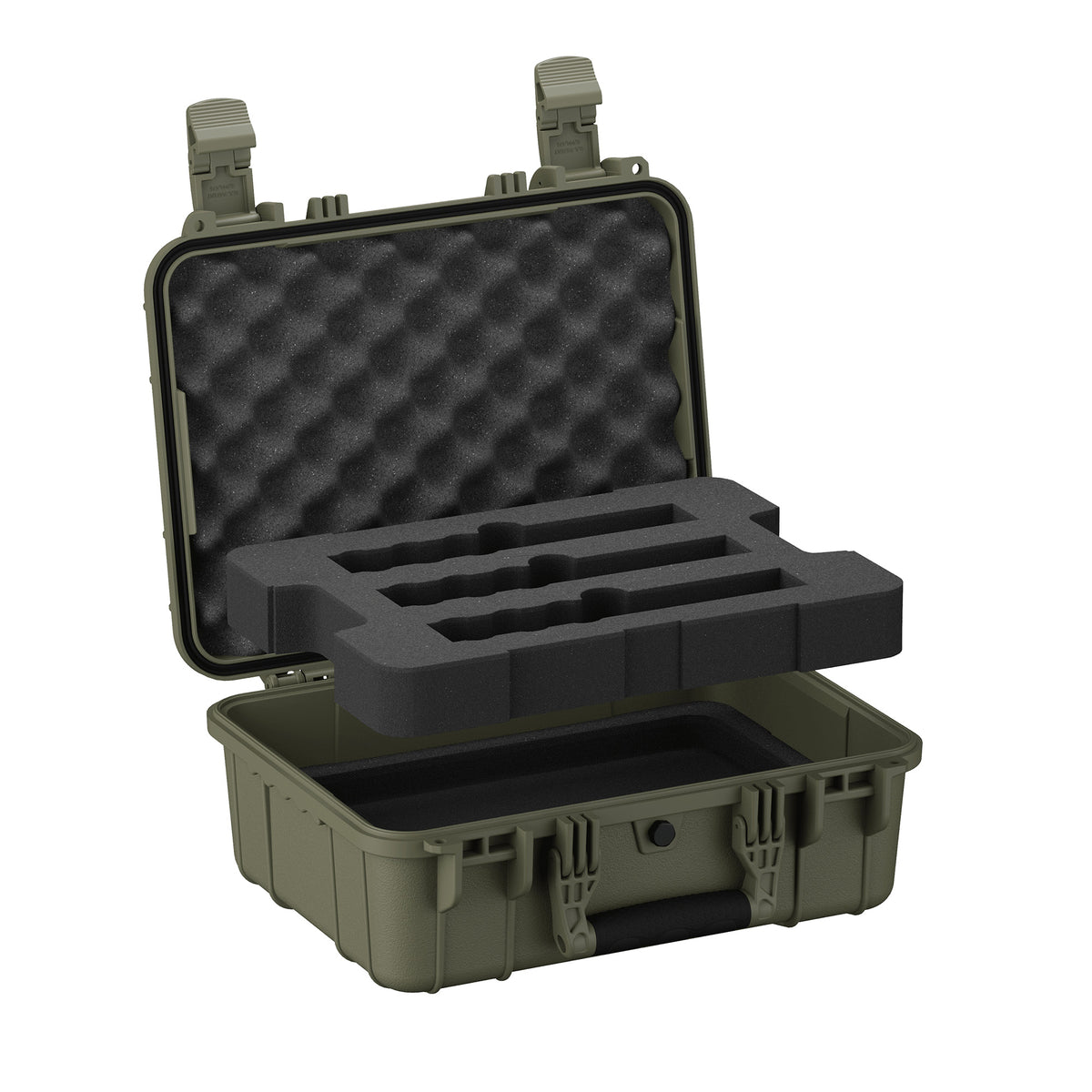 Open ranger green hard case with three-slot foam insert and latching handles on the lid