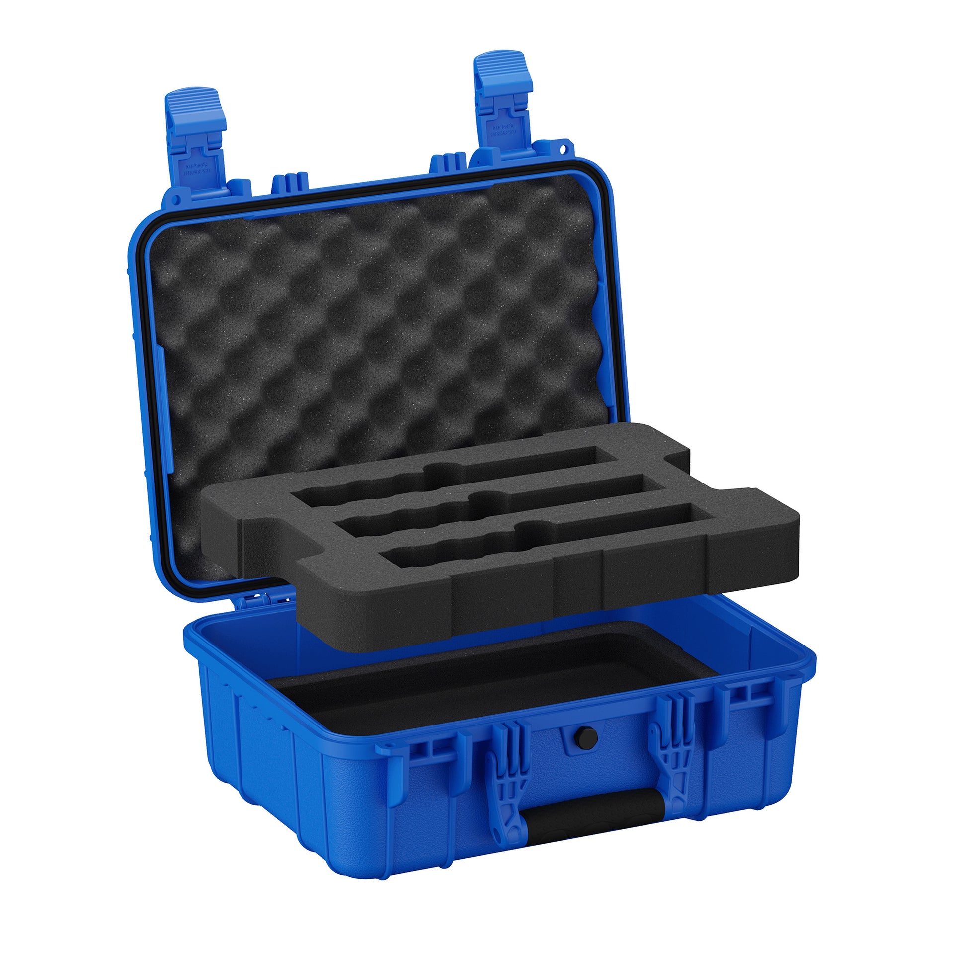 Open blue hard case showing three-slot foam insert and egg-crate foam padding inside the lid