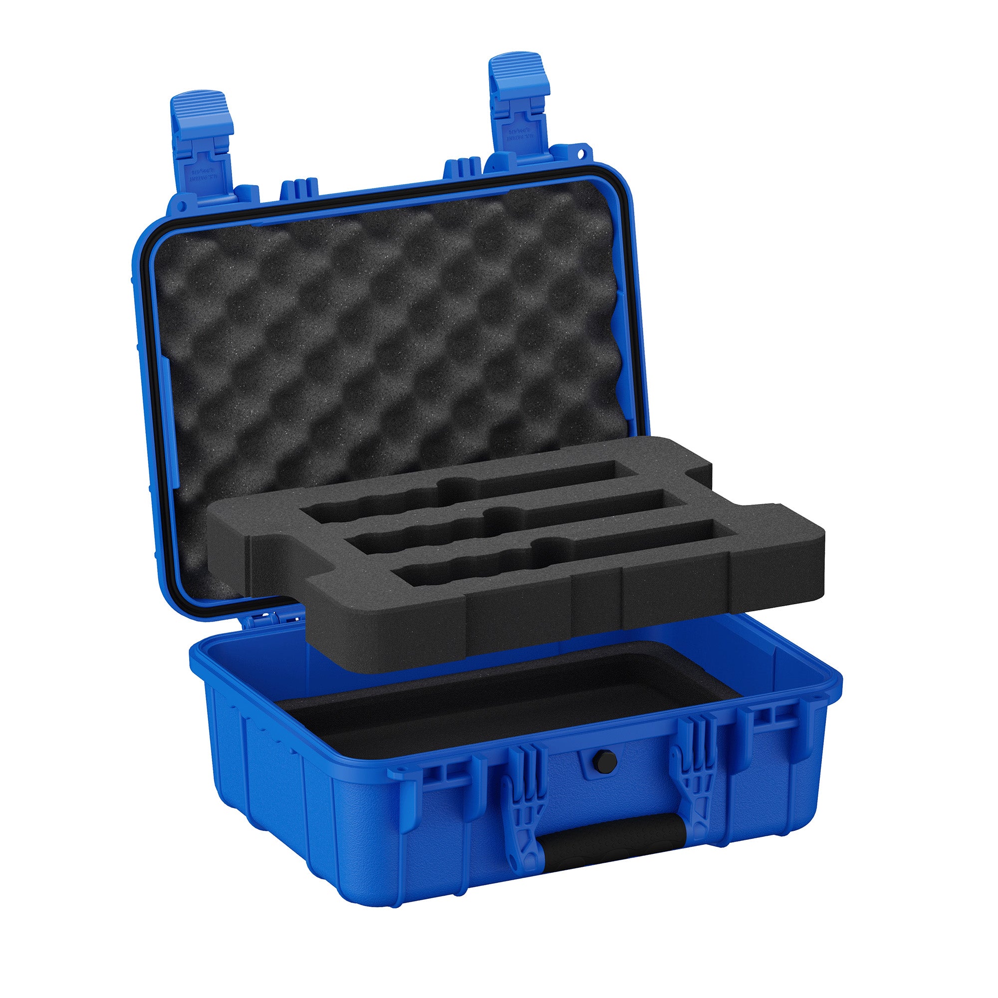 Open blue hard case showing three-slot foam insert and egg-crate foam padding inside the lid