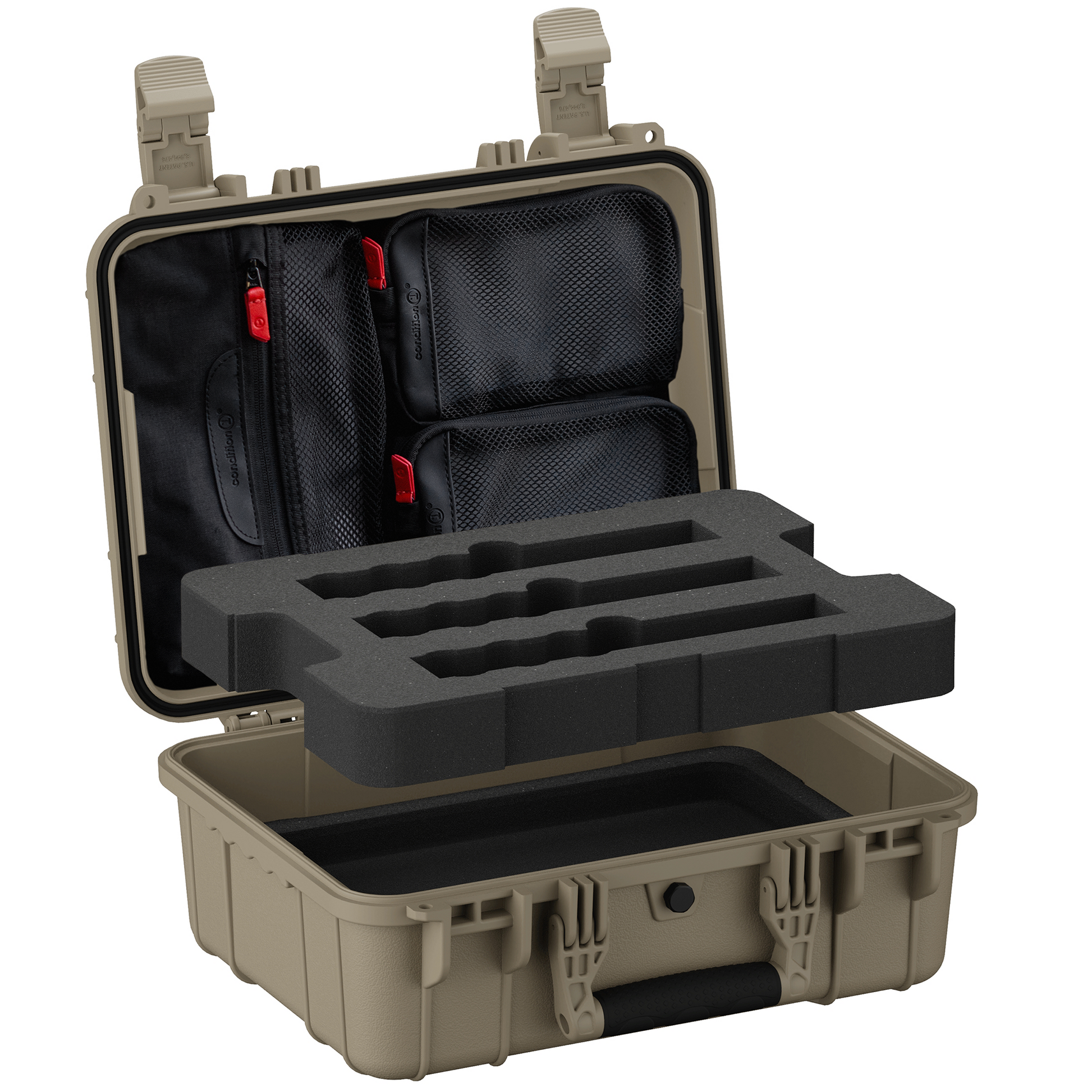 Tan hard case open with lid organizer panel of black mesh pockets above removable suppressor foam tray