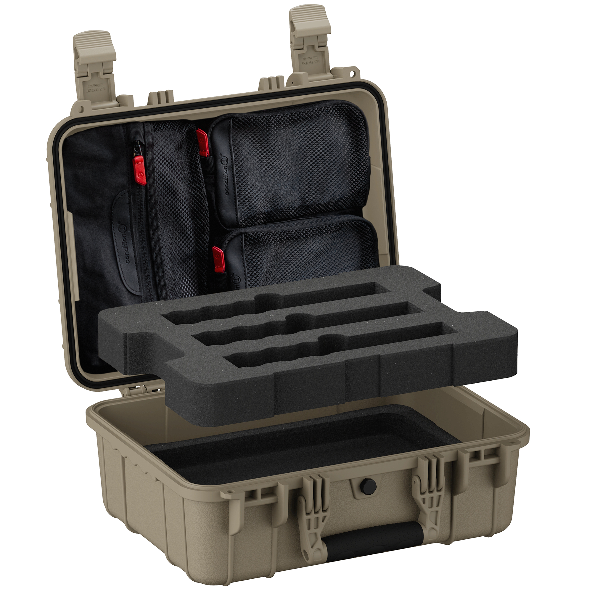 Tan hard case open with lid organizer panel of black mesh pockets above removable suppressor foam tray