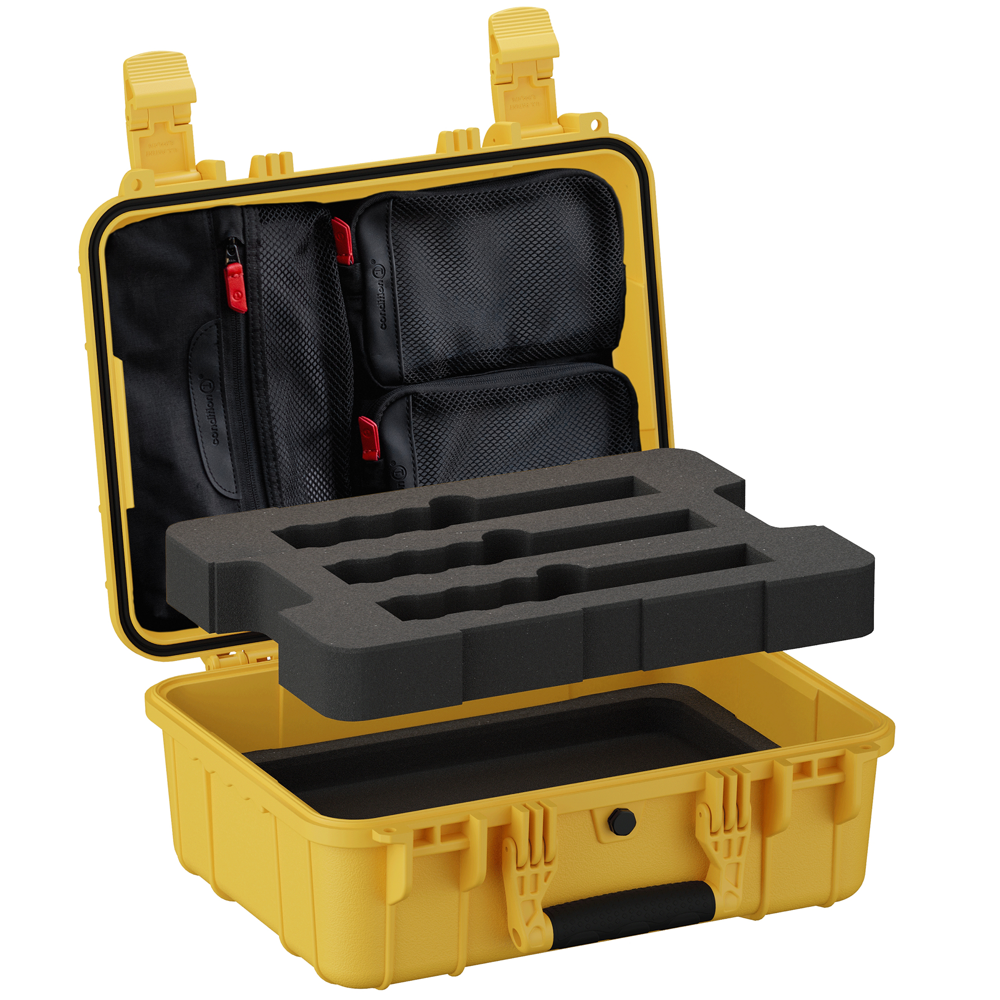 Open yellow hard case with lid organizer pouches and a lifted three-slot foam insert