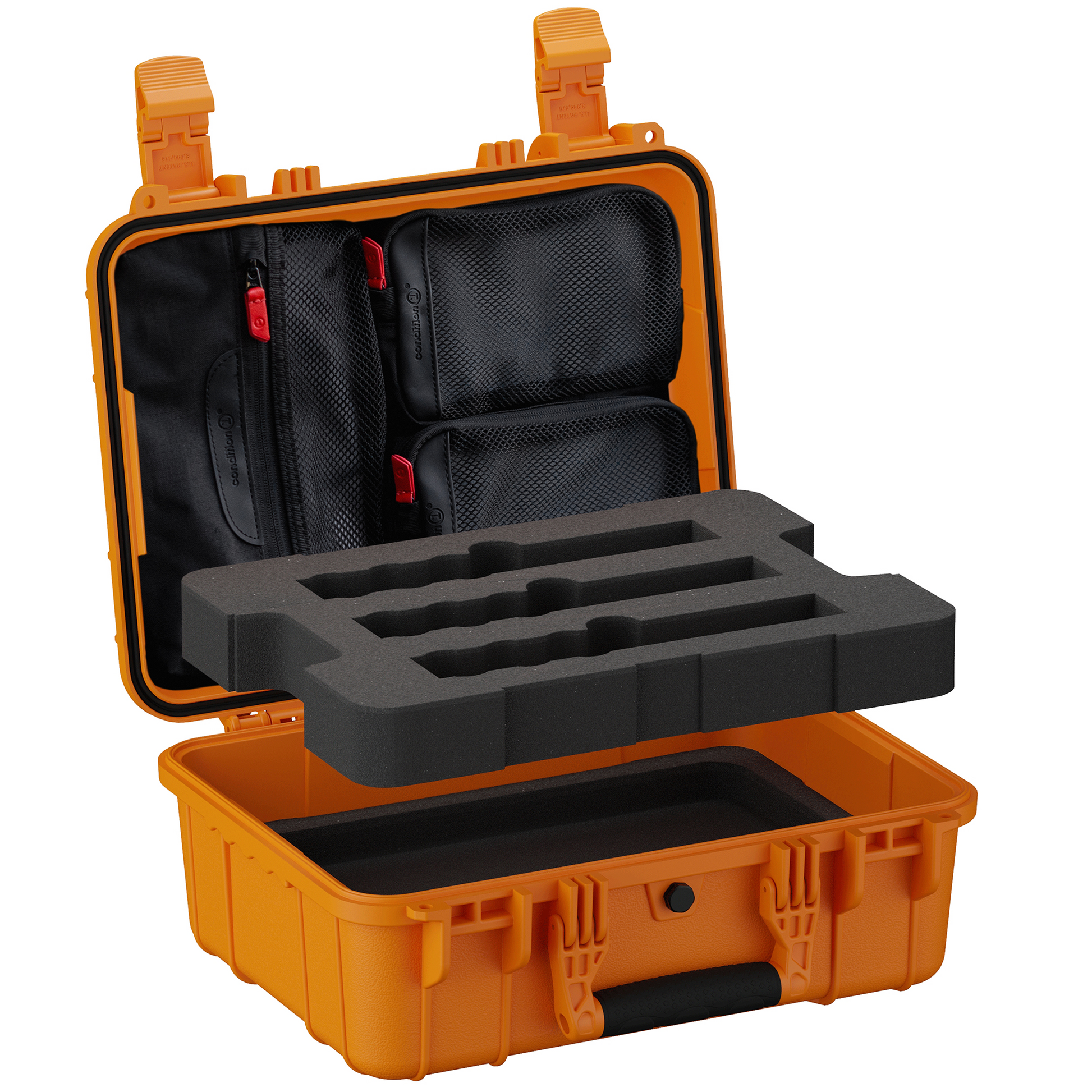 Open orange case with foam insert lifted out, showing black lid organizer pockets and empty tray