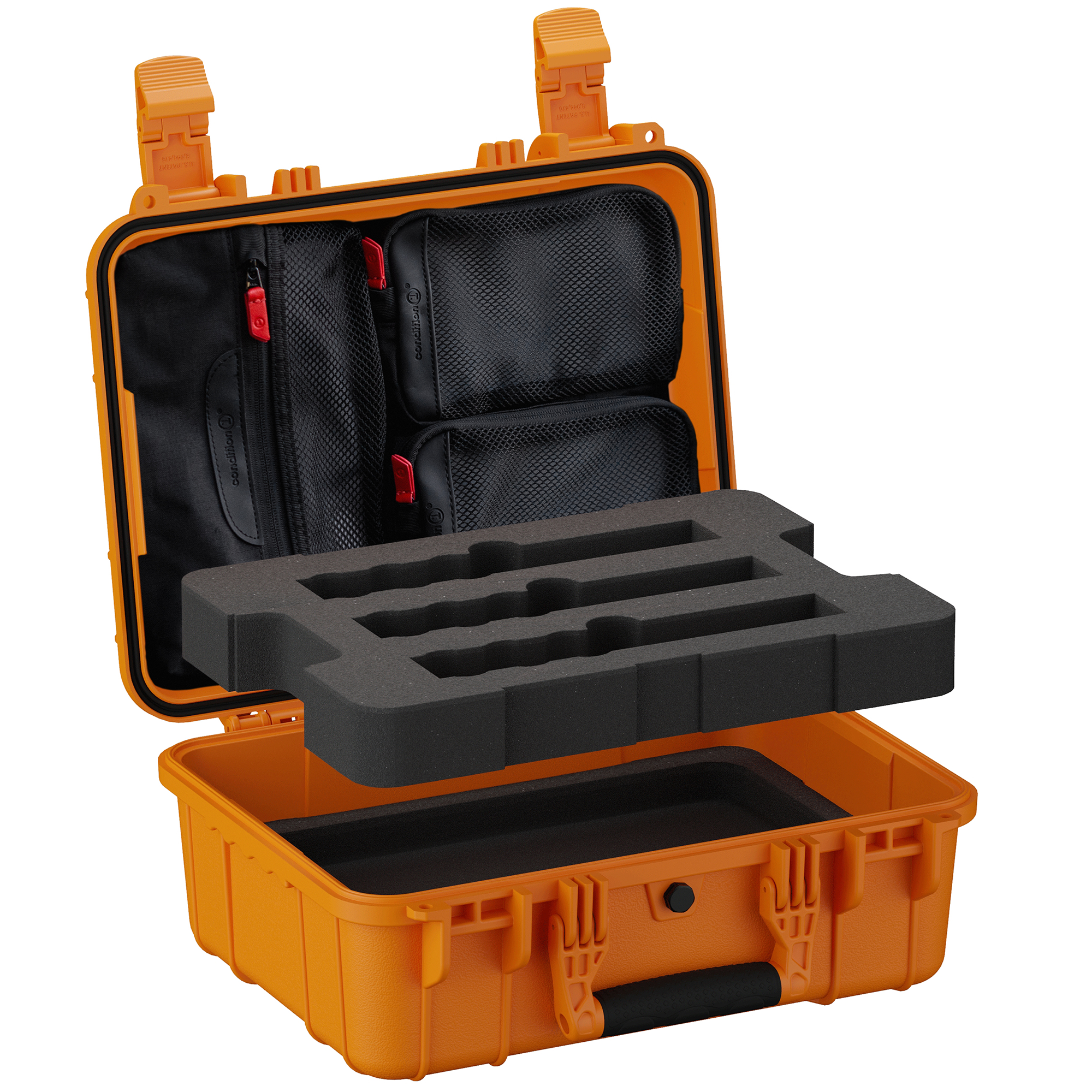 Open orange case with foam insert lifted out, showing black lid organizer pockets and empty tray