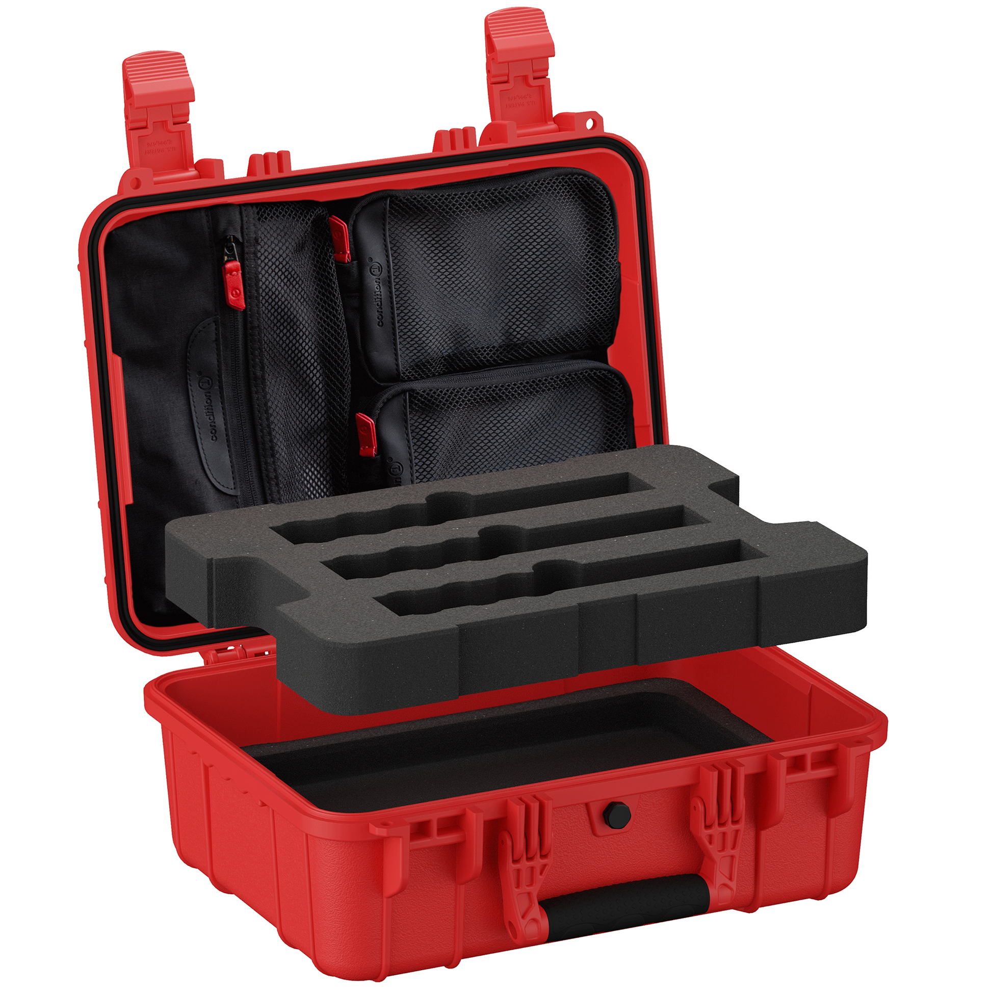 Open red suppressor case with foam insert lifted out, revealing empty lower cavity