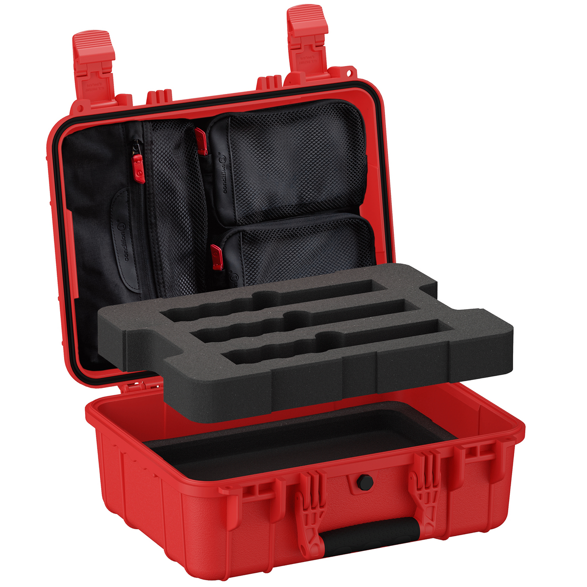 Open red suppressor case with foam insert lifted out, revealing empty lower cavity