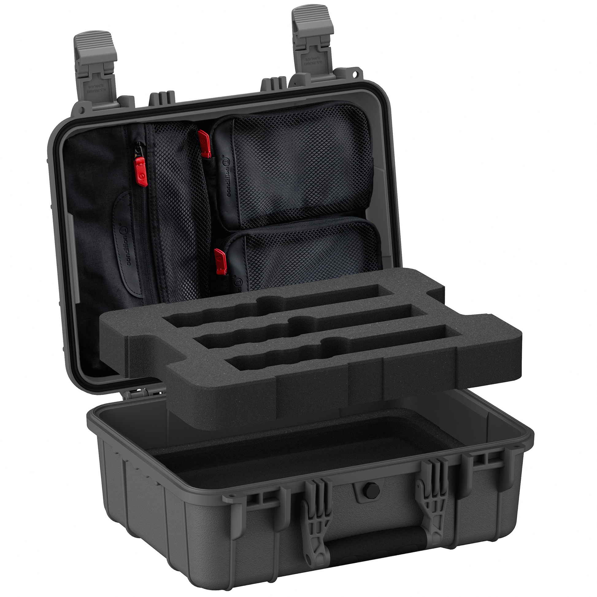 Black hard case open showing lid organizer with mesh pockets and foam insert with three cutouts