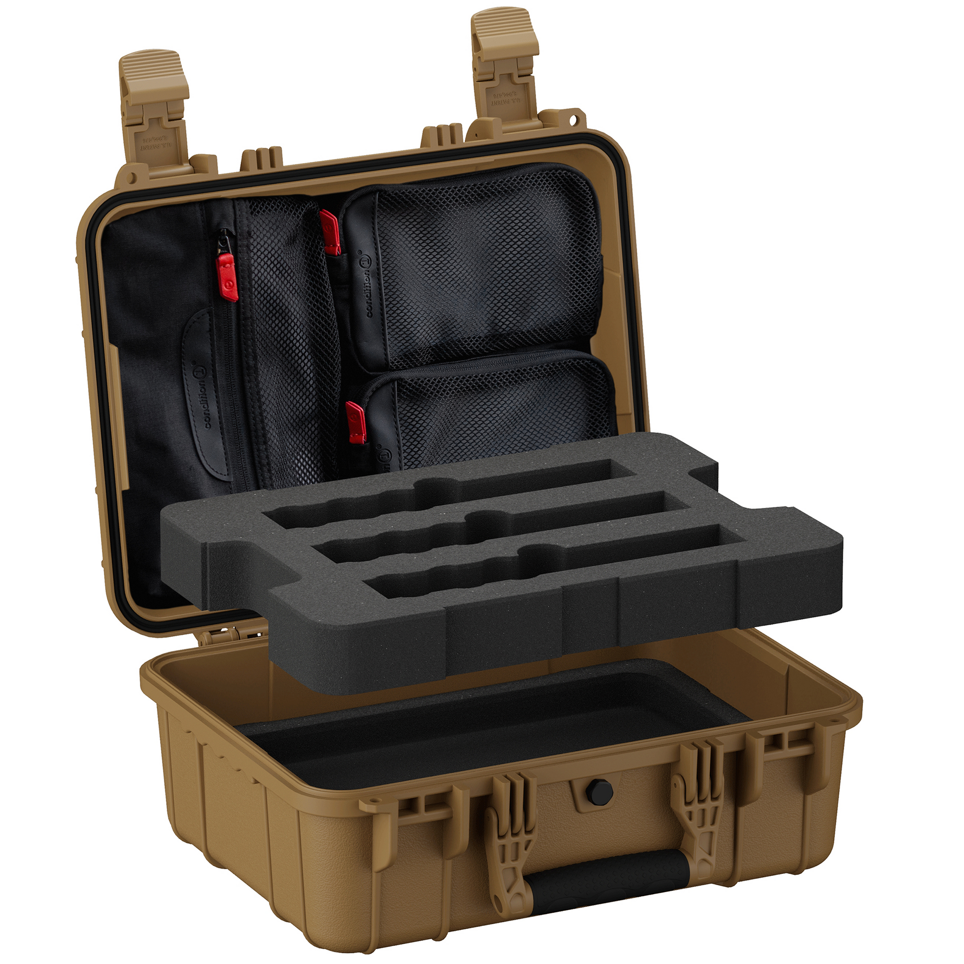 Open tan hard case with removable foam tray lifted to reveal mesh lid organizer pockets