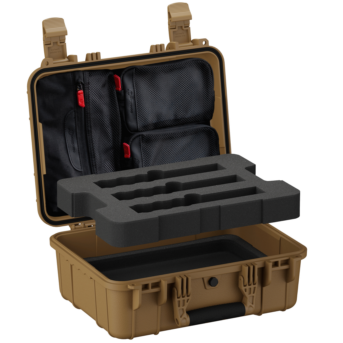Open tan hard case with removable foam tray lifted to reveal mesh lid organizer pockets