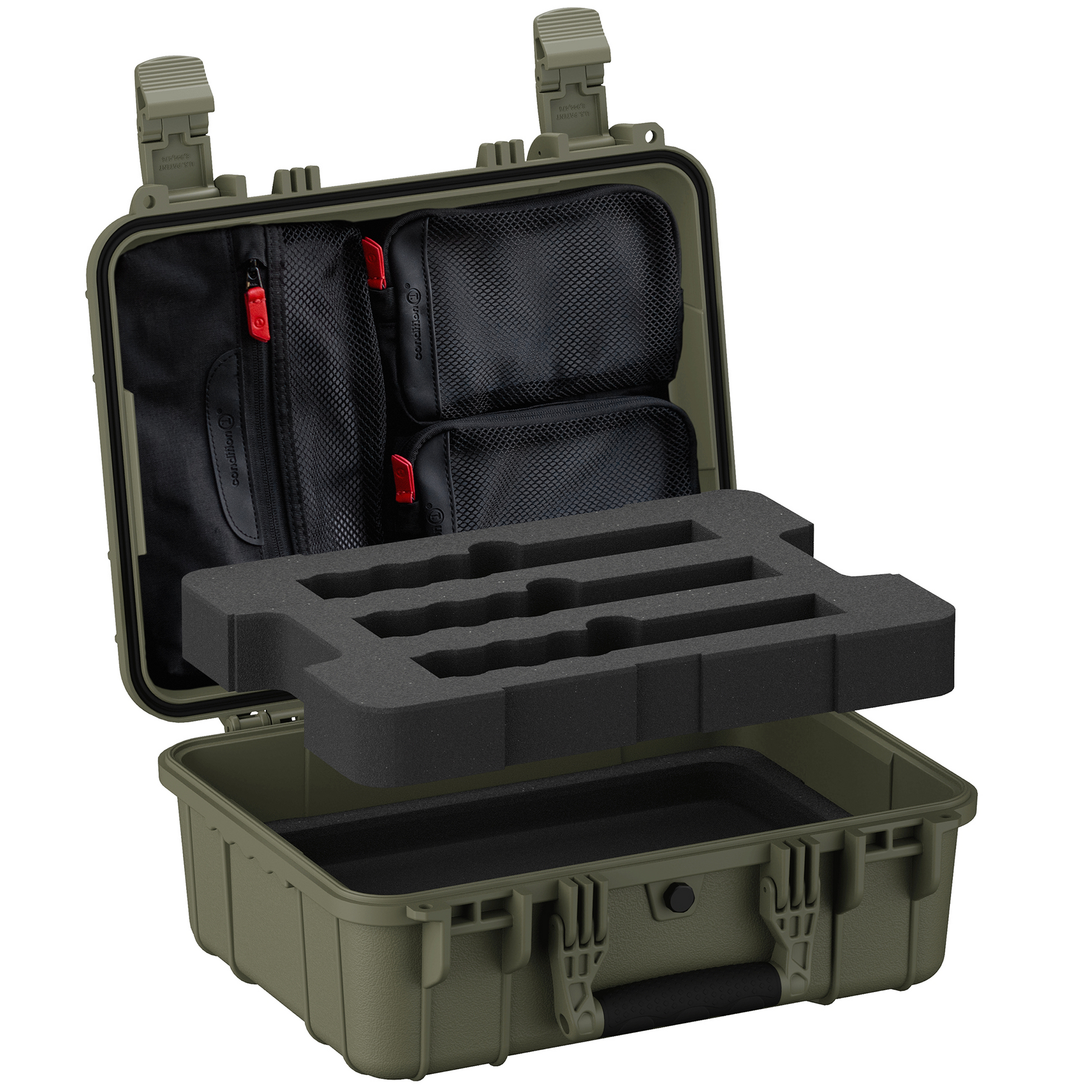 Green hard case open showing lid organizer with mesh pockets and foam insert with three cutouts