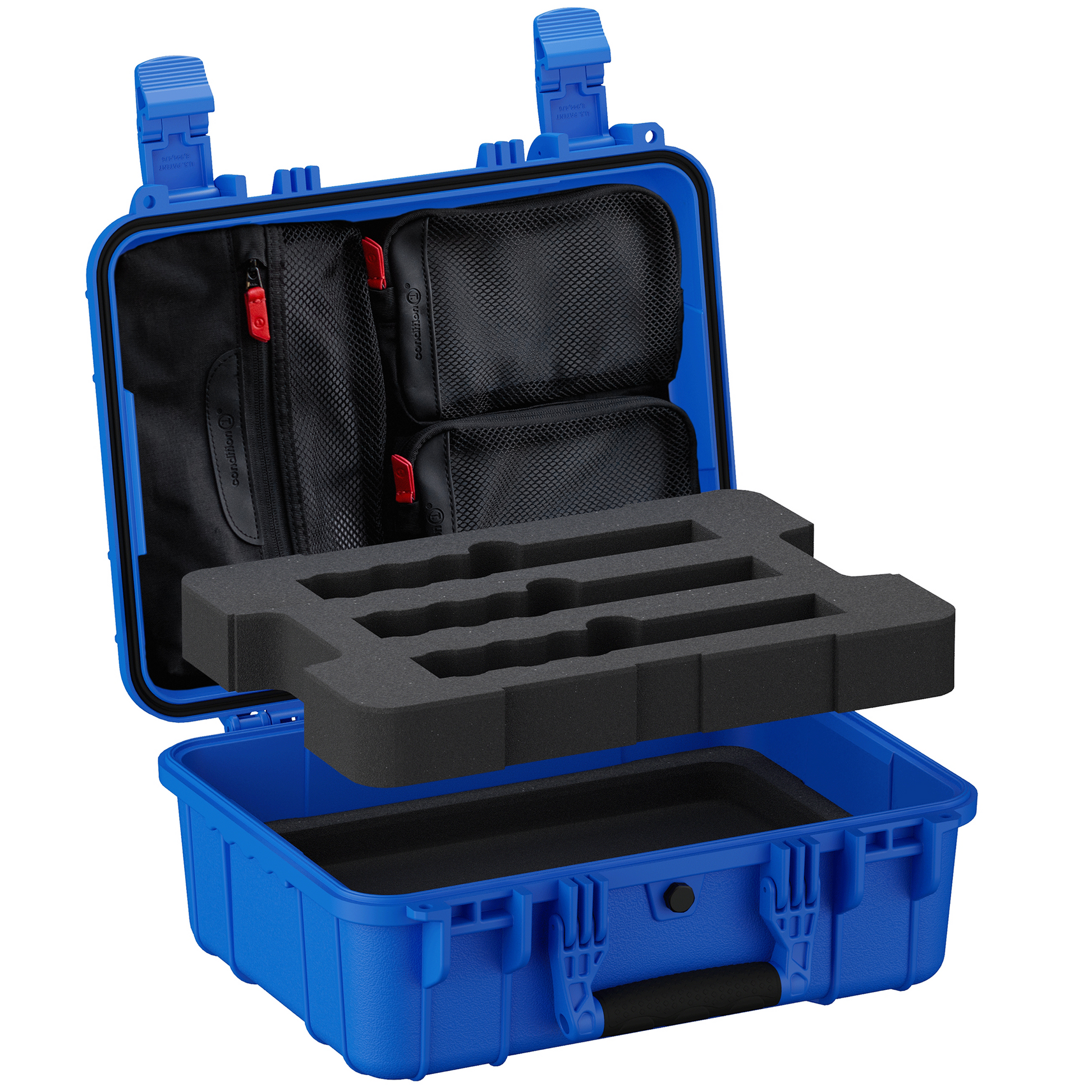 Open blue hard case with lid organizer pouches and a removable three-slot foam tray lifted above the base