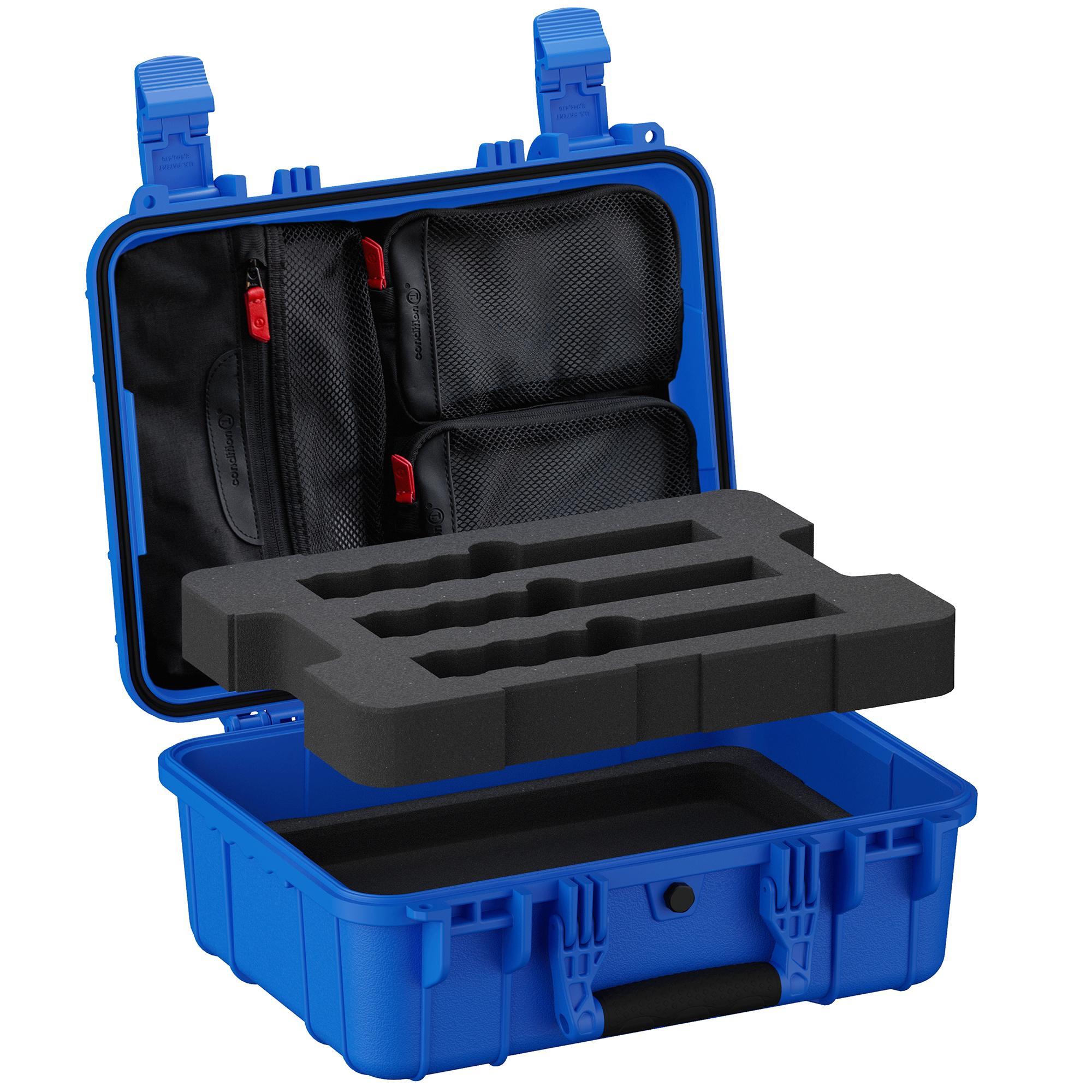 Open blue hard case with lid organizer pouches and a removable three-slot foam tray lifted above the base