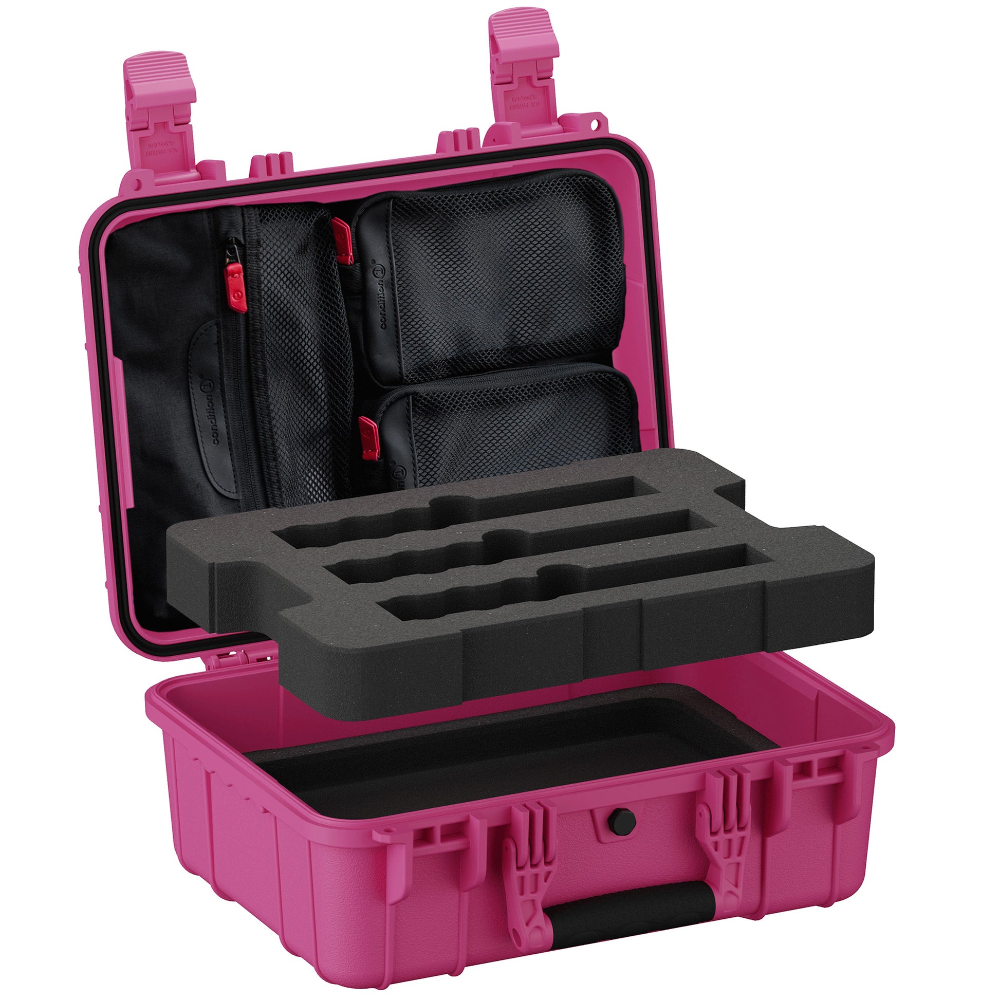 Open Pink hard case with foam insert lifted out, revealing empty lower compartment and lid organizer