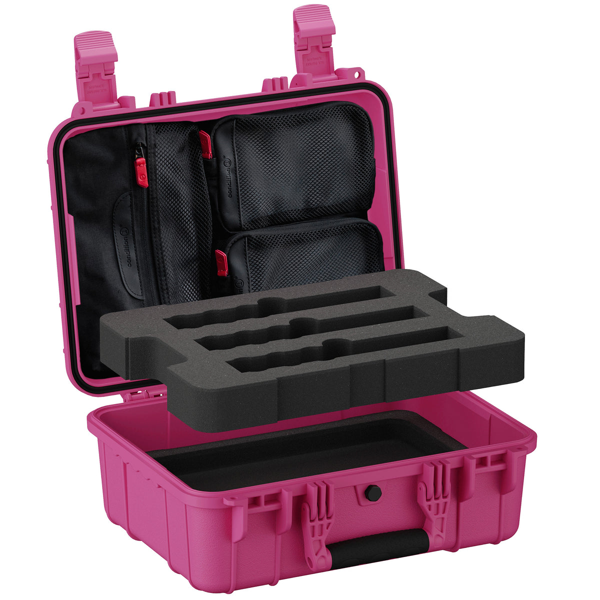 Open Pink hard case with foam insert lifted out, revealing empty lower compartment and lid organizer