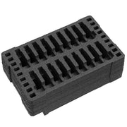 Alt text: "Black pre-cut foam insert with 18 slots for magazines, designed for use with the #1258 case, providing structured and secure storage for items."
