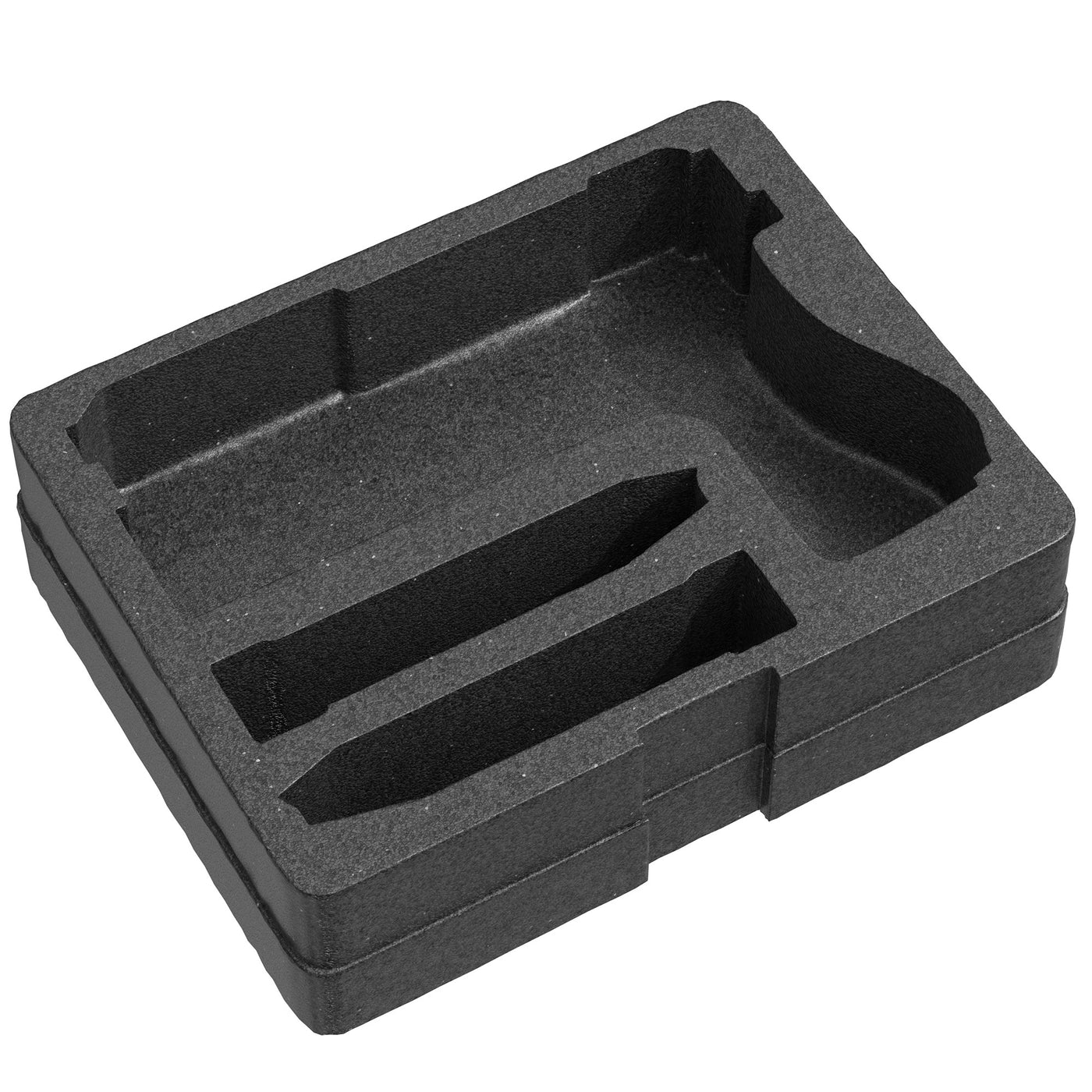 Black foam insert designed for #184 case with pre-cut sections accommodating one slot for a gun and two smaller slots for magazines.