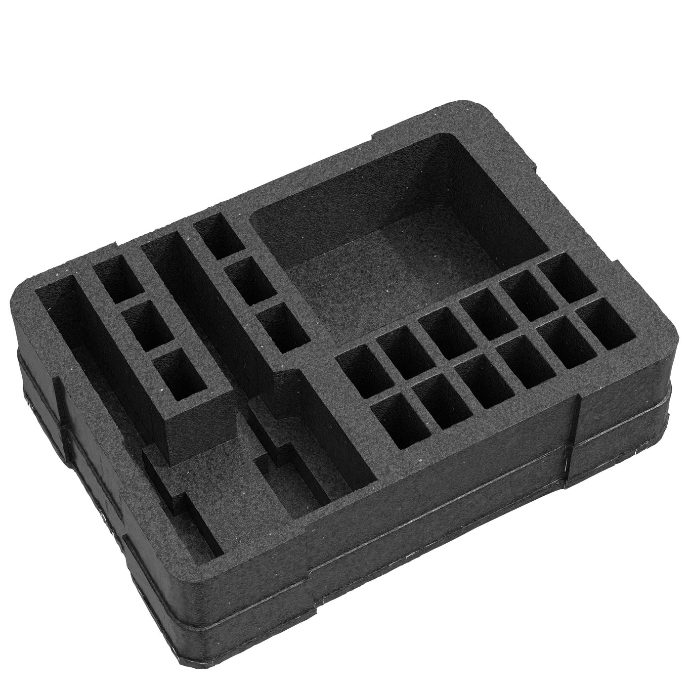 Alt text: "Black foam pre-cut insert for #179 case, featuring 2 slots and 18 magazine compartments, showing top view on a white background."