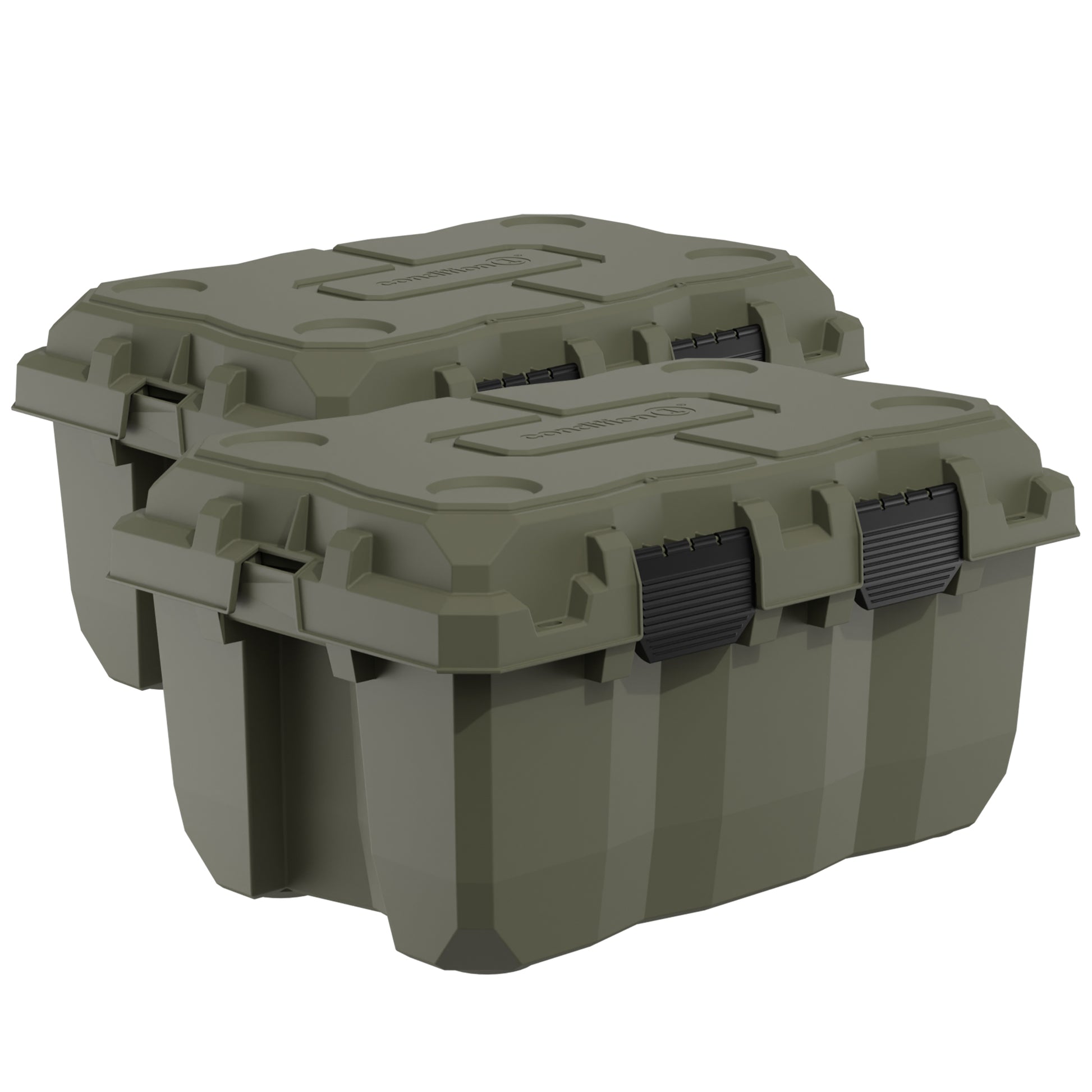 Two 28-inch green Sportsman Trunks with robust black handles and reinforced lids.