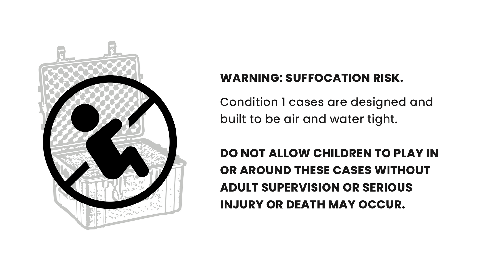 Alt Text: "Warning label for a 38" Large Case #2308 indicating suffocation risk with a graphic of a prohibited sign over a stick figure in the case. Text also mentions that Condition 1 cases are air and water tight, and