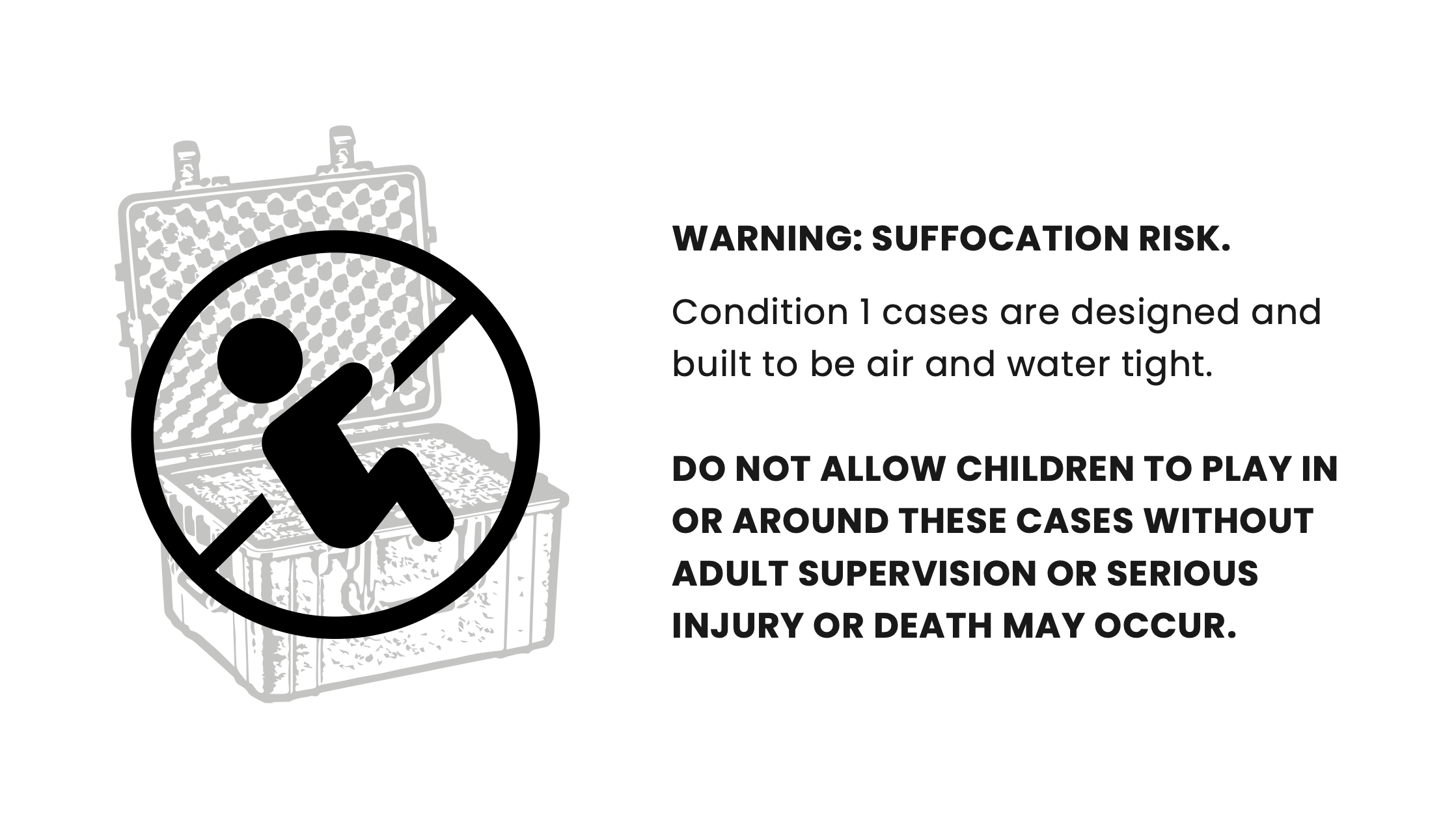 Alt Text: "Warning label for a 38" Large Case #2308 indicating suffocation risk with a graphic of a prohibited sign over a stick figure in the case. Text also mentions that Condition 1 cases are air and water tight, and