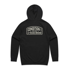 Black hoodie featuring a large "Condition 1 A Texas Brand" logo on the back, designed for comfort and style.