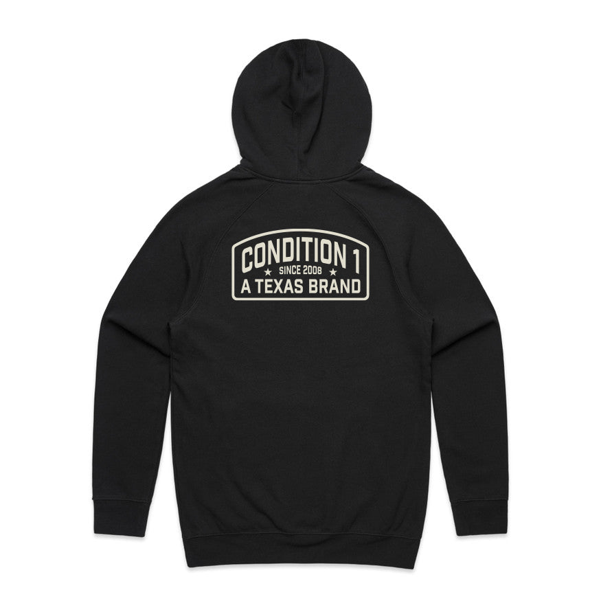 Black hoodie featuring a large "Condition 1 A Texas Brand" logo on the back, designed for comfort and style.