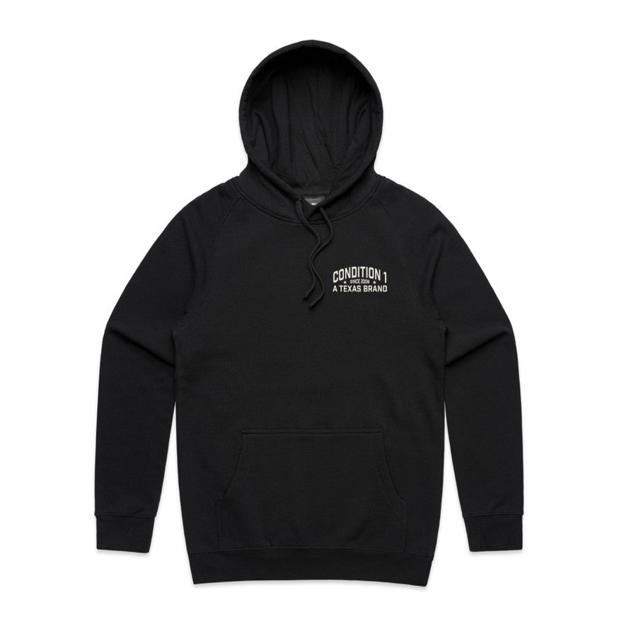 Black Texas Brand hoodie featuring a front pocket and drawstring hood, ideal for casual wear and comfort.