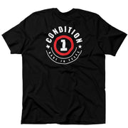Black T-shirt with "Condition 1 Made in Texas" graphic, featuring a red circle and white text, emphasizing Texas pride.