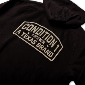 Black hoodie featuring a large graphic on the back that reads "Condition 1 Since 2008 A Texas Brand.