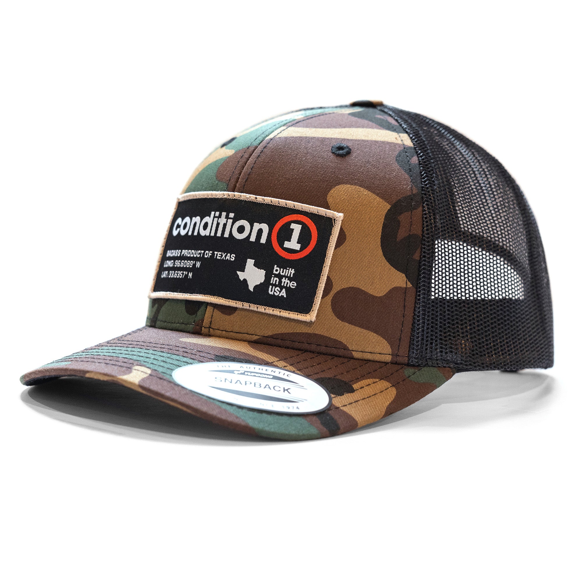 Camouflage snapback hat with a black mesh back, front patch reading "condition 1," and a curved brim.