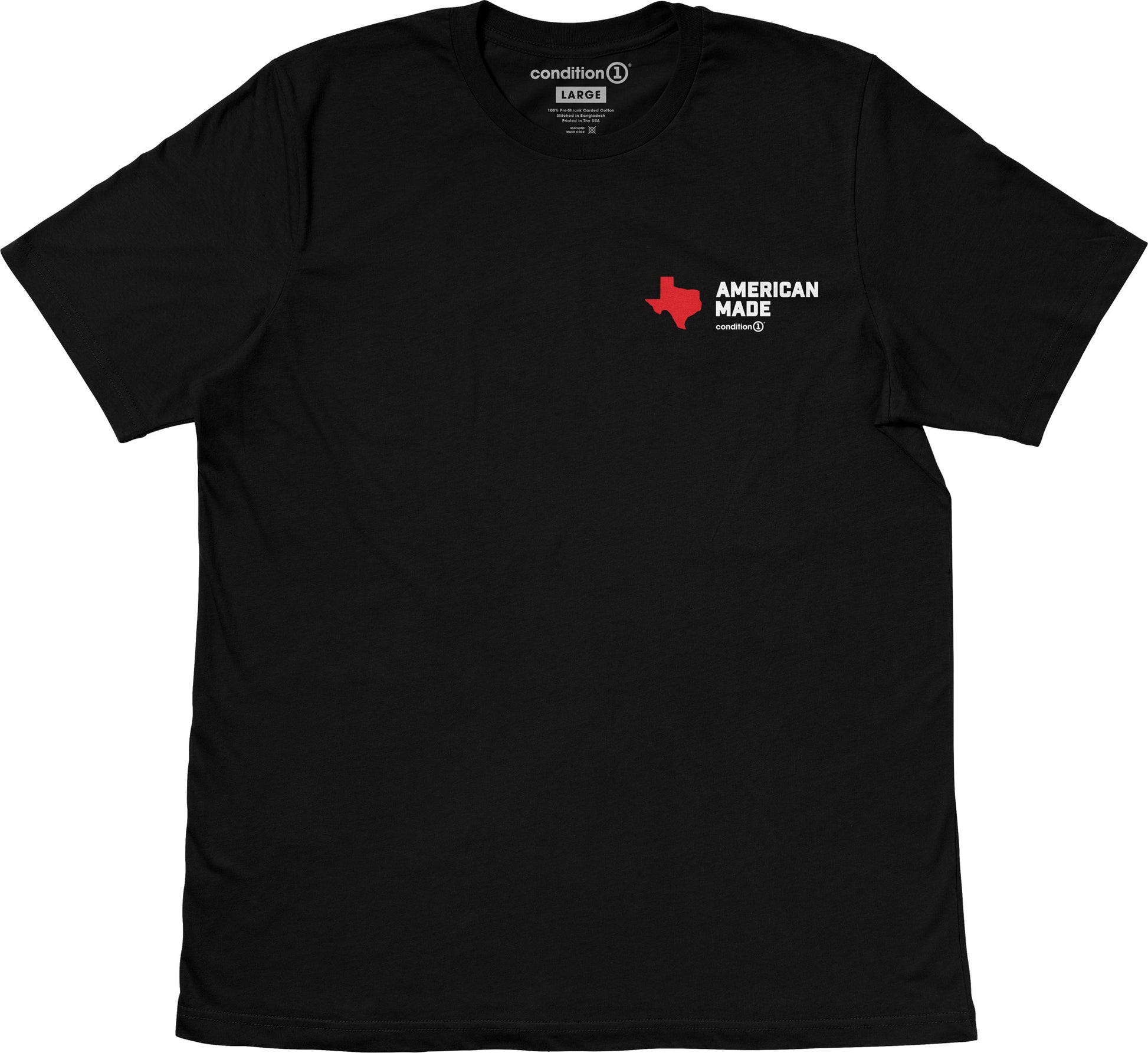 Black T-shirt with a red Texas outline and white text reading "AMERICAN MADE" on the front, size large, from The One Tee collection.