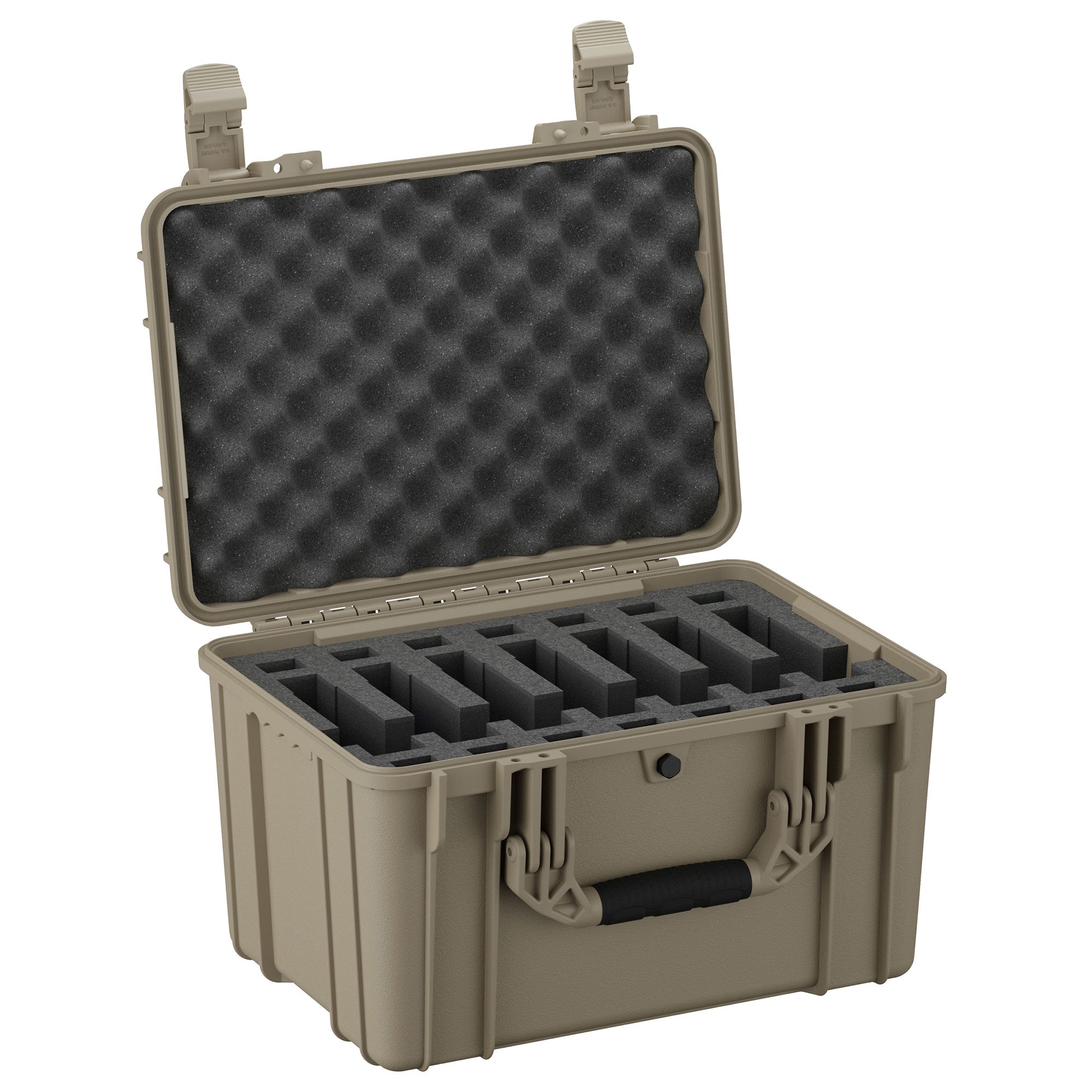Tan 18-inch pistol case (#997) designed to hold 7 pistols, featuring an open foam insert configuration and egg crate foam in the lid, with durable latches and a handle visible.