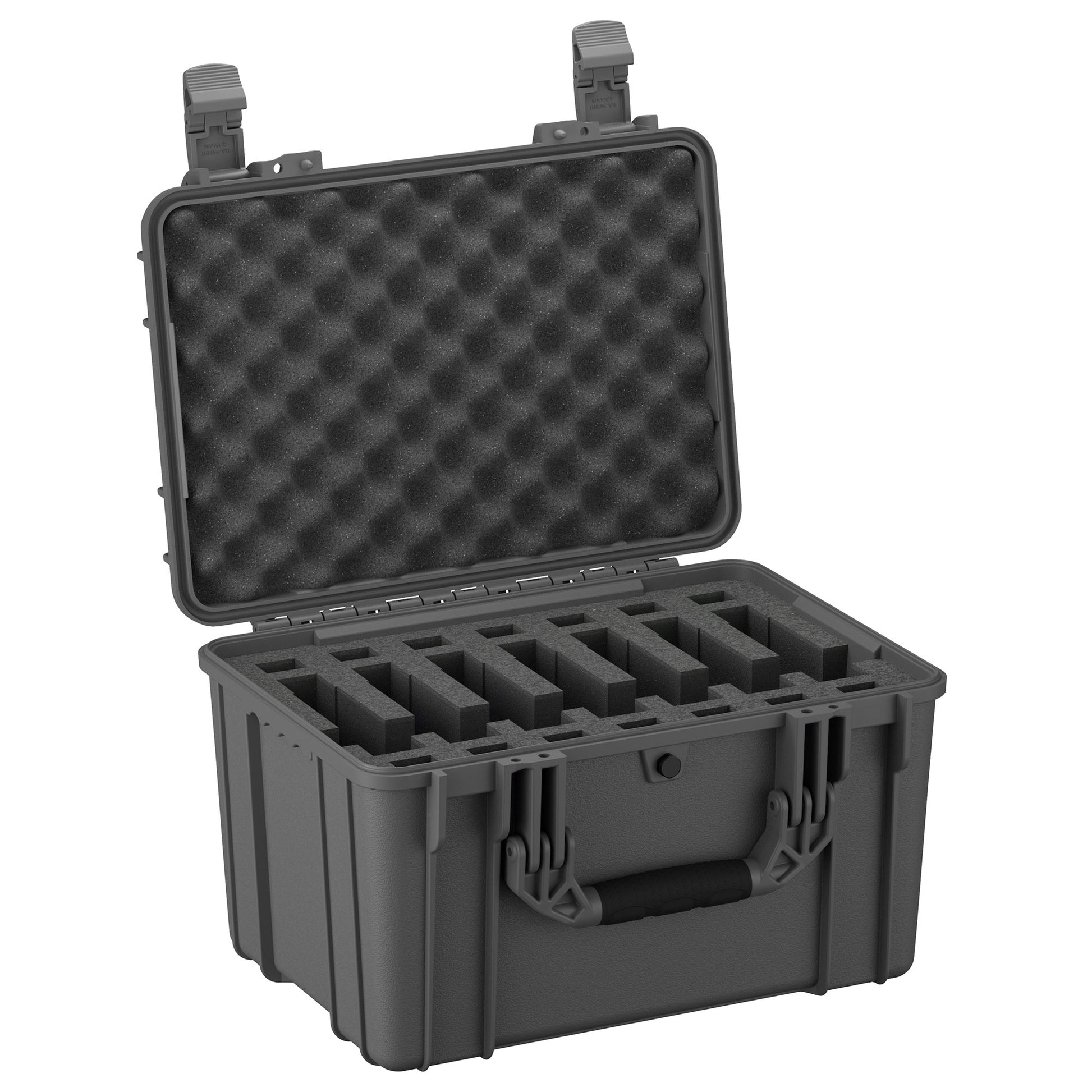 Alt text: "18 inch rugged pistol case, model #997, open to display foam inserts designed to securely hold seven pistols, with egg-crate foam lining in the lid for added protection."