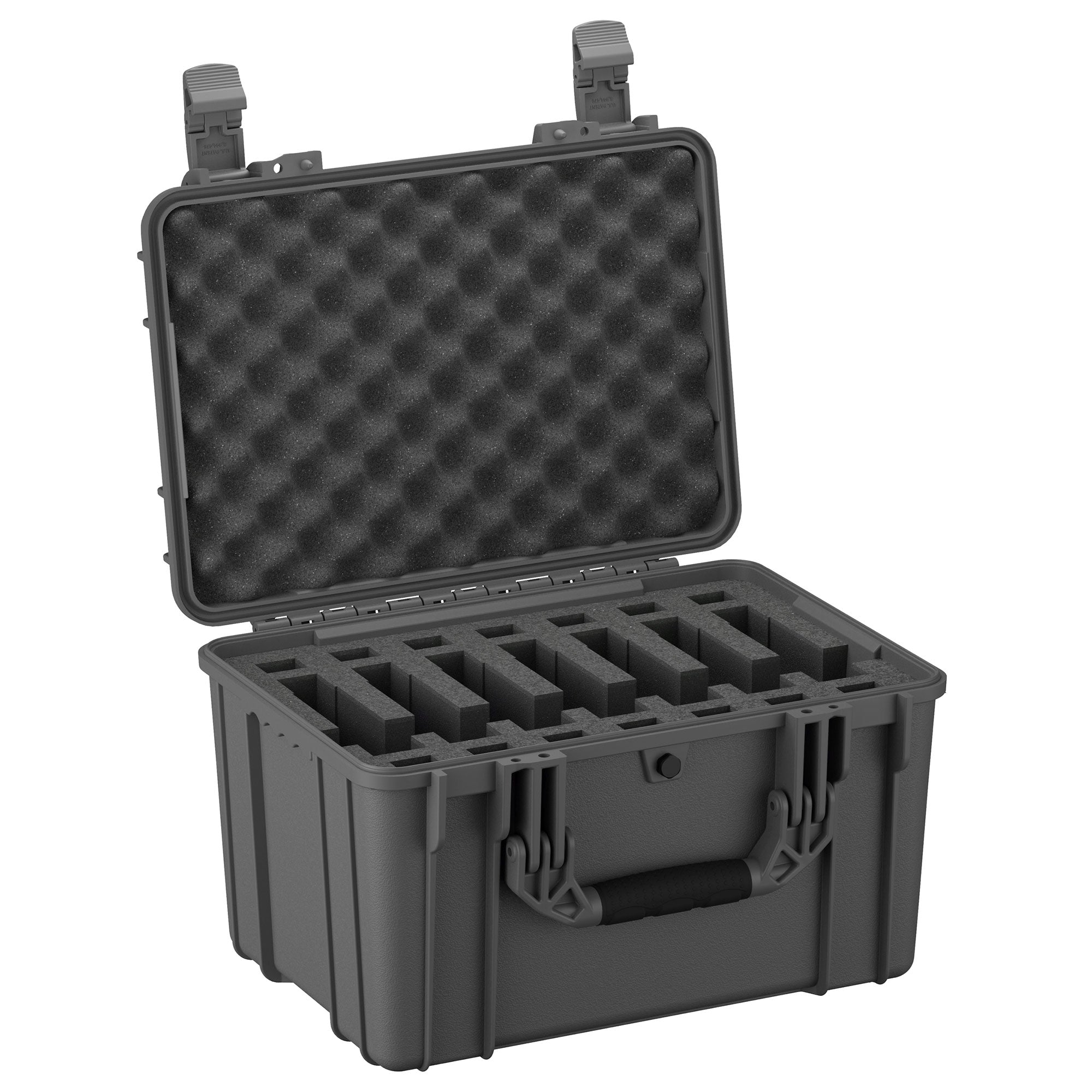 Alt text: "18 inch rugged pistol case, model #997, open to display foam inserts designed to securely hold seven pistols, with egg-crate foam lining in the lid for added protection."