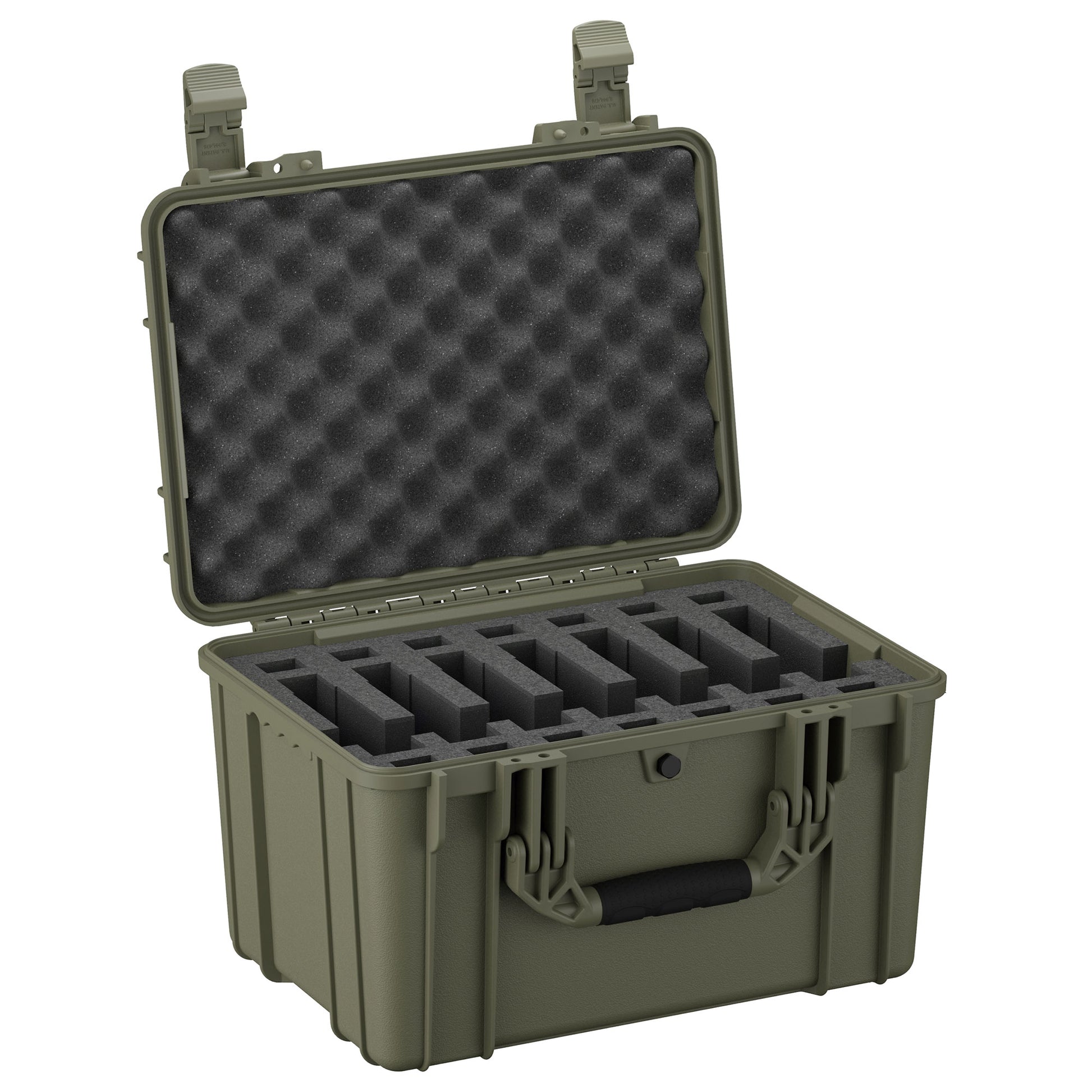 Alt text: "Green 18-inch 7 Pistol Case model #997 with open lid revealing foam inserts designed to securely hold multiple pistols, featuring sturdy handles and durable exterior."