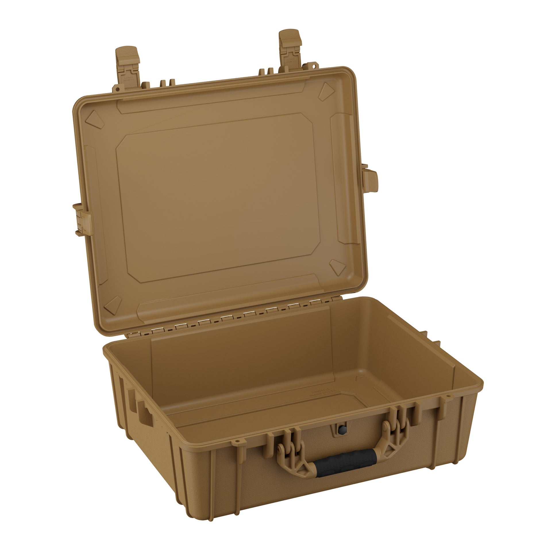 Alt text: "Open 25-inch large protective hard case in tan color, featuring sturdy latches and a reinforced handle, with a spacious, empty interior, ideal for storing and transporting sensitive equipment."
