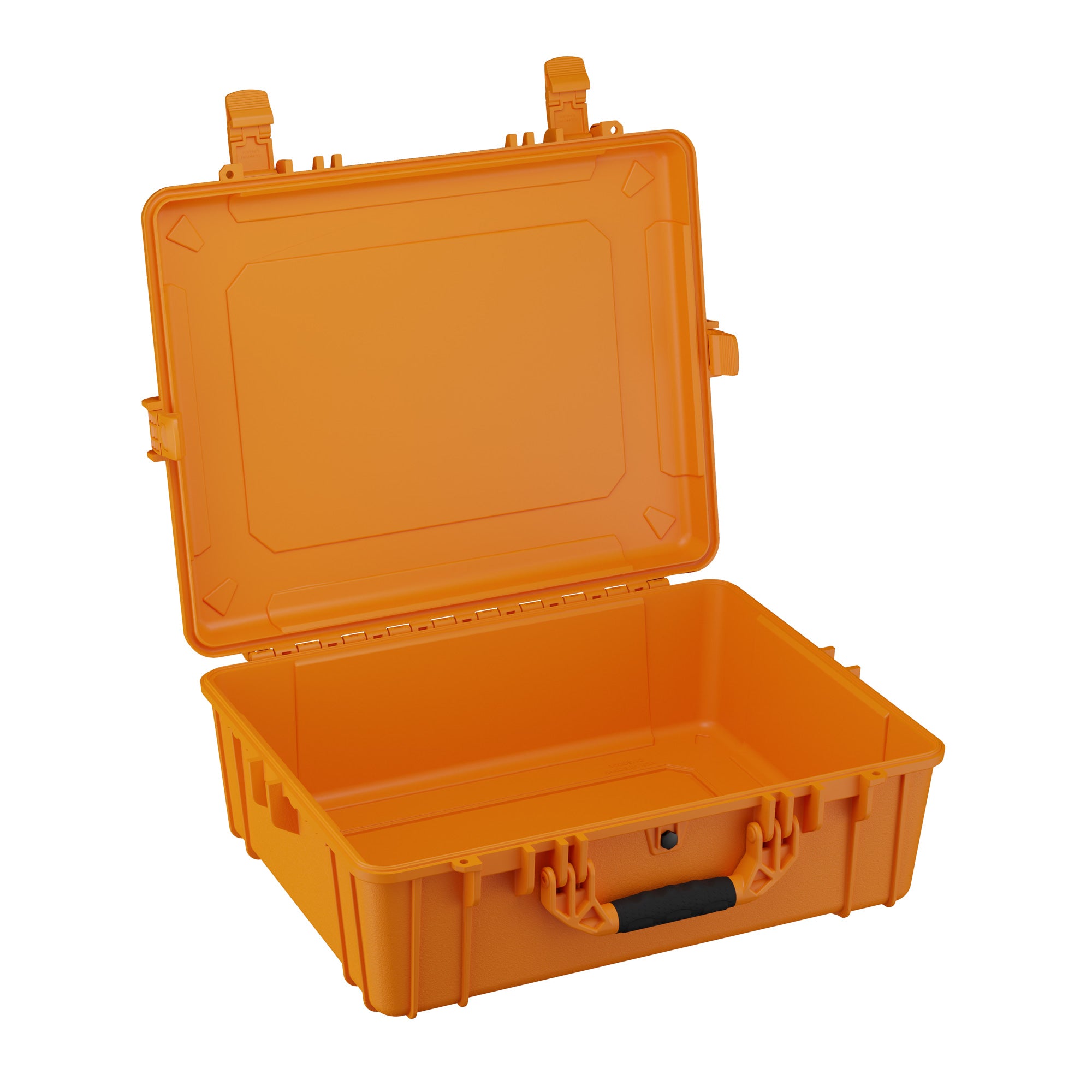 Alt text: "Open 25-inch large orange hard case with sturdy handles and secure latches, model number 839, ideal for storing and protecting equipment."