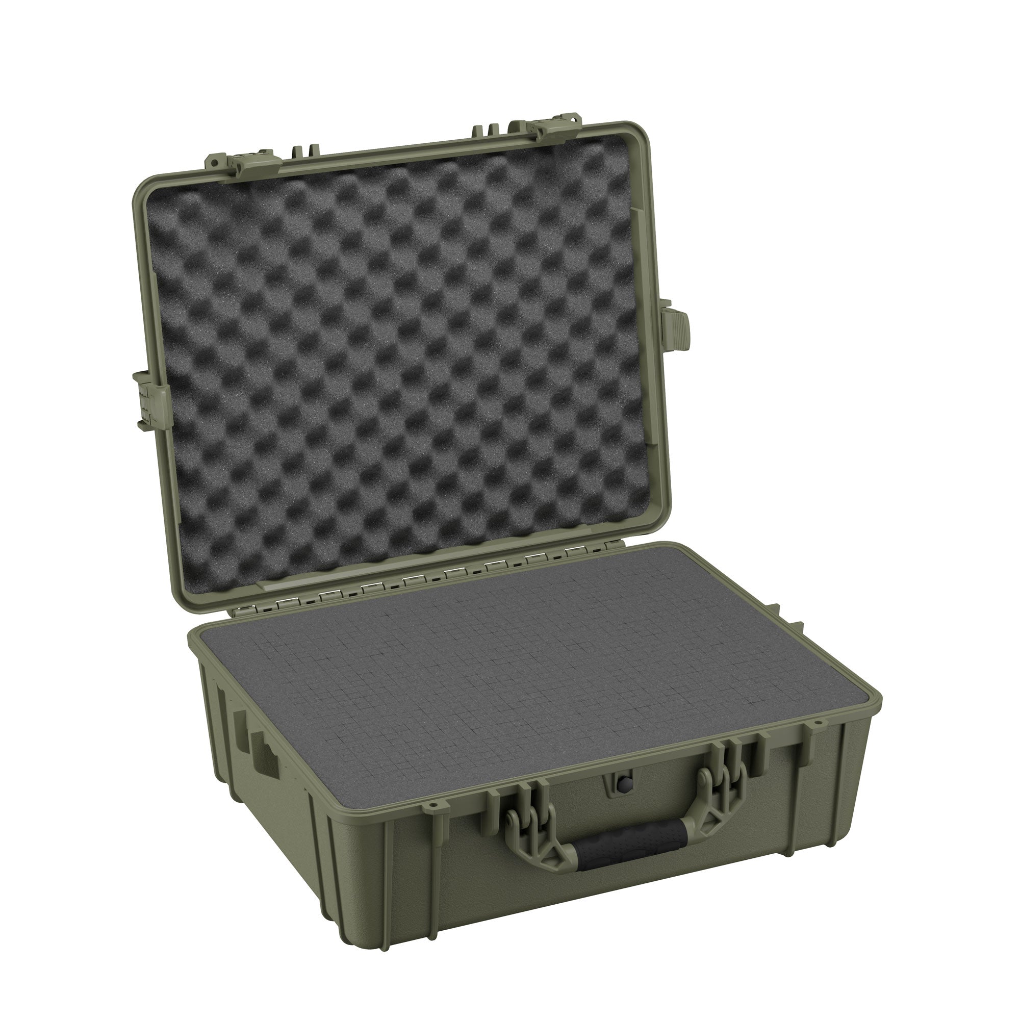 Alt text: "Open 25-inch large protective case with foam interior, #839, in olive green color, featuring sturdy latches and a handle, suitable for secure storage and transport of sensitive equipment."