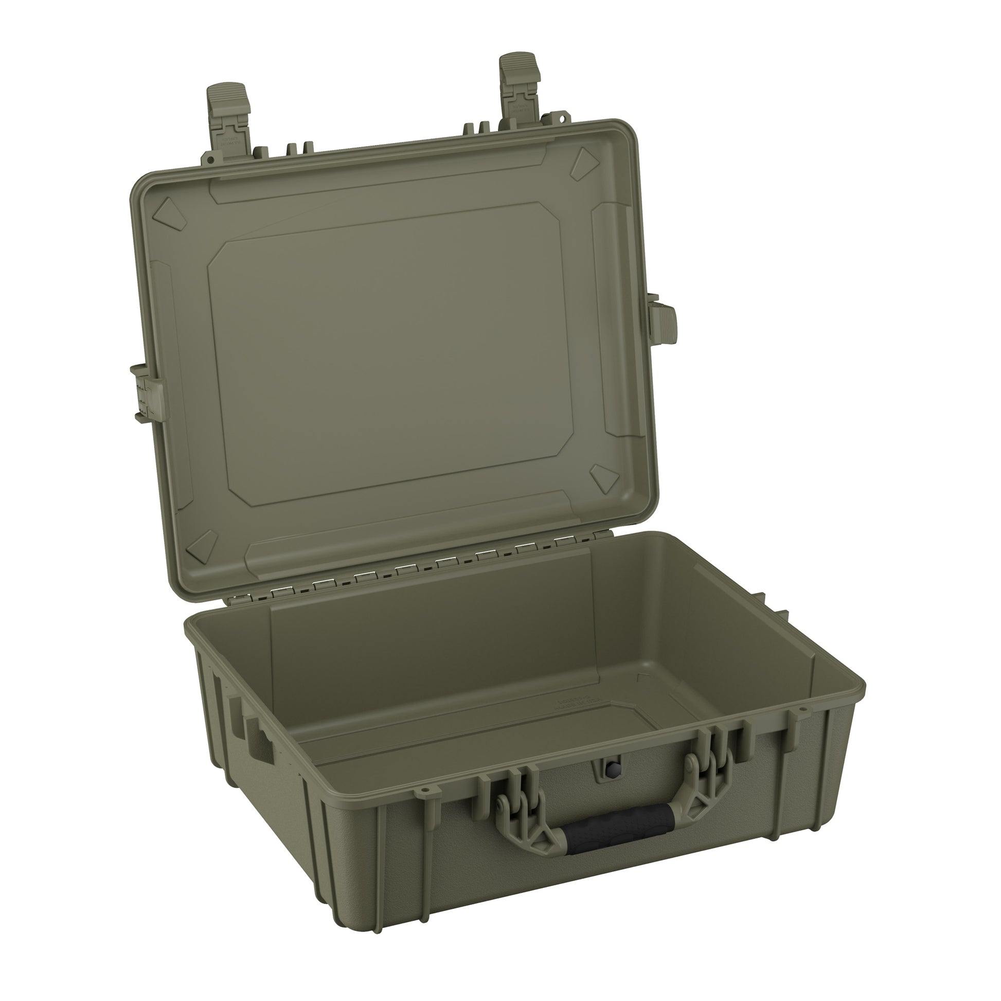 Alt text: "25-inch large olive green hard case, model #839, opened to show interior, featuring robust handles and secure latches for protection and transport."