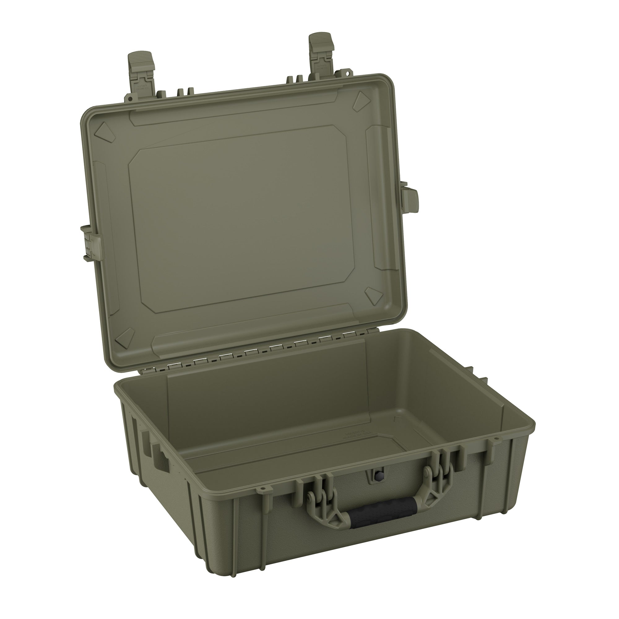 Alt text: "25-inch large olive green hard case, model #839, opened to show interior, featuring robust handles and secure latches for protection and transport."