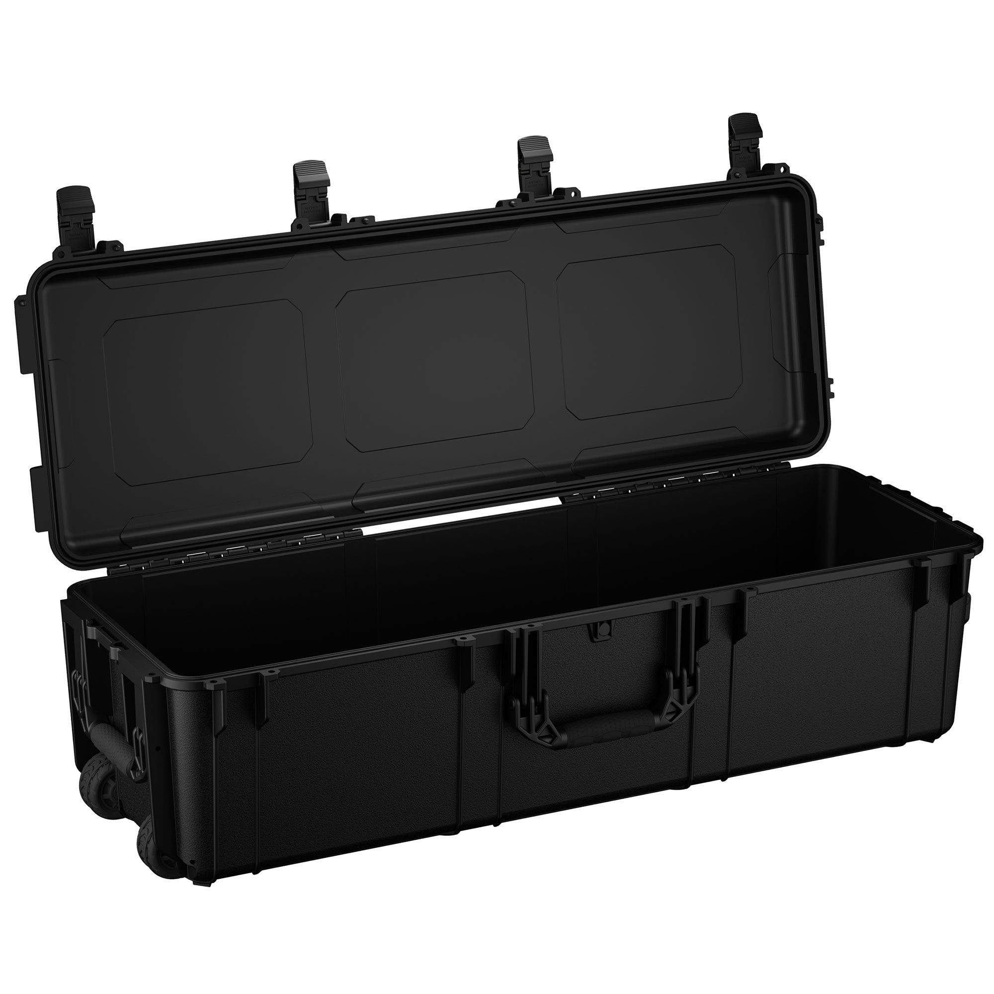 Black 45-inch long storage trunk with wheels, handle, and secure latch, open to show spacious interior.